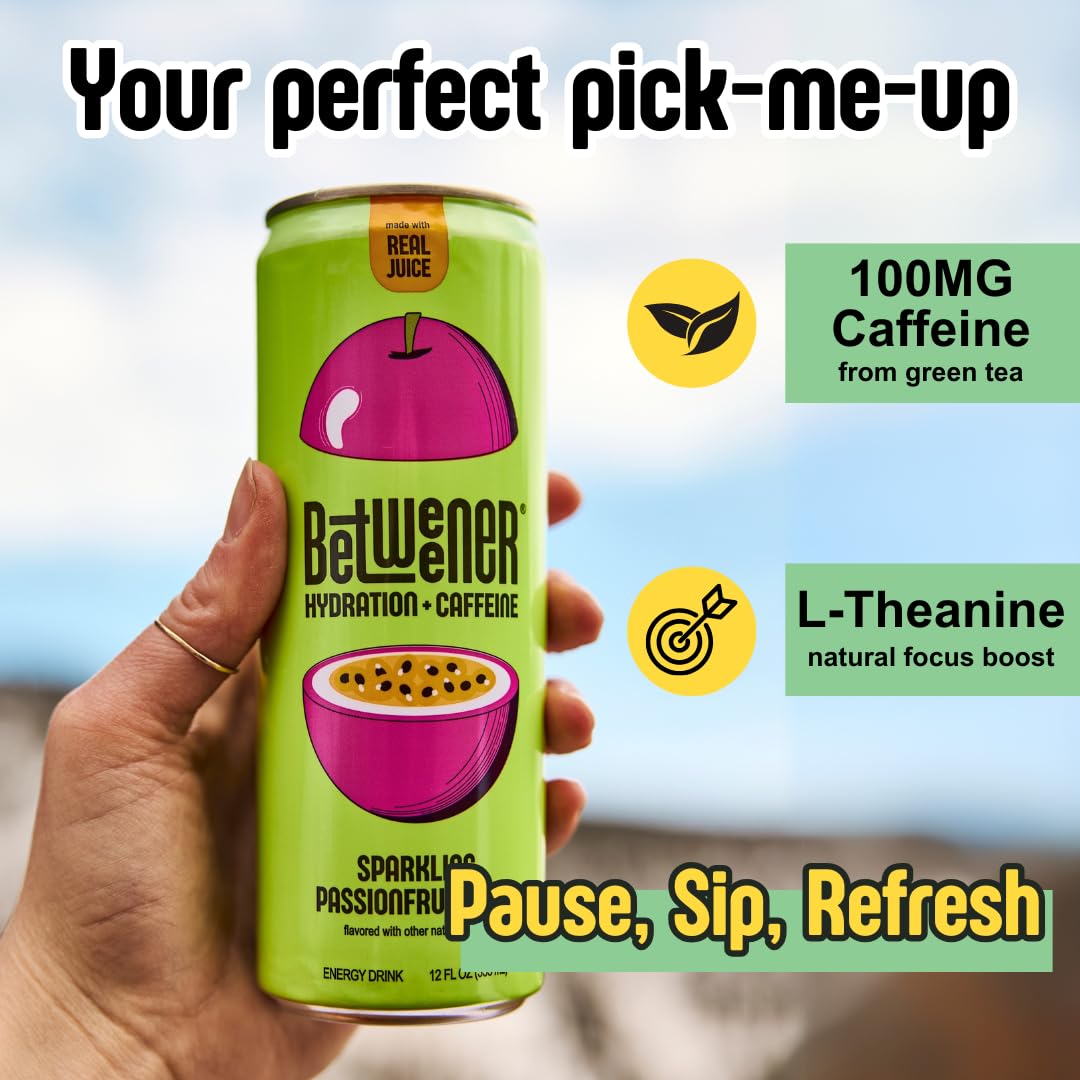 Betweener Sparkling Energy Seltzer – Real Juice Flavor, 100mg Caffeine, 45 Cals, L-Theanine, 12-Pack Variety