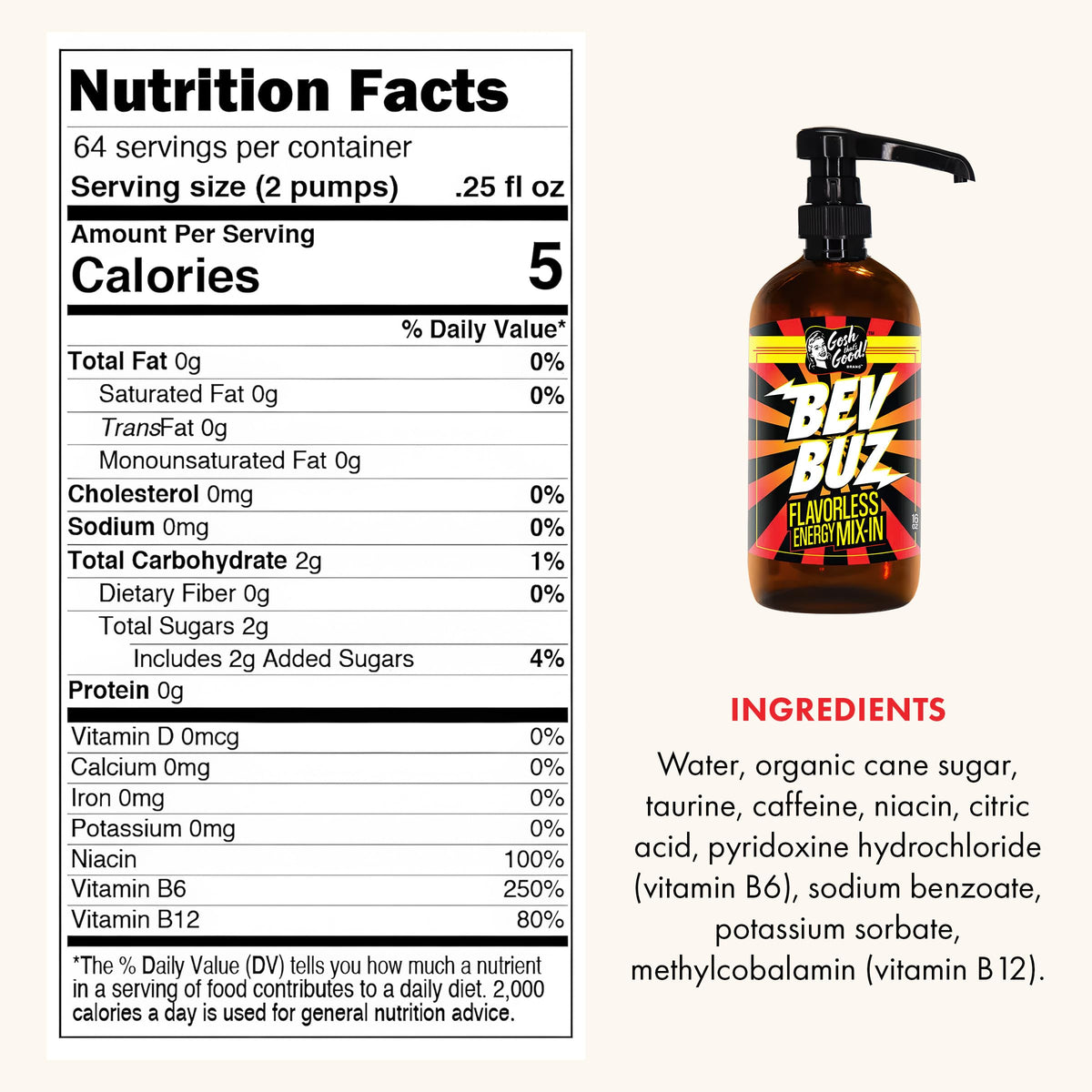 BEV BUZ™ Energy Drink Mix-In – Flavorless Liquid Caffeine for Coffee, Tea, Smoothies | 64 Servings | Gosh That's Good!