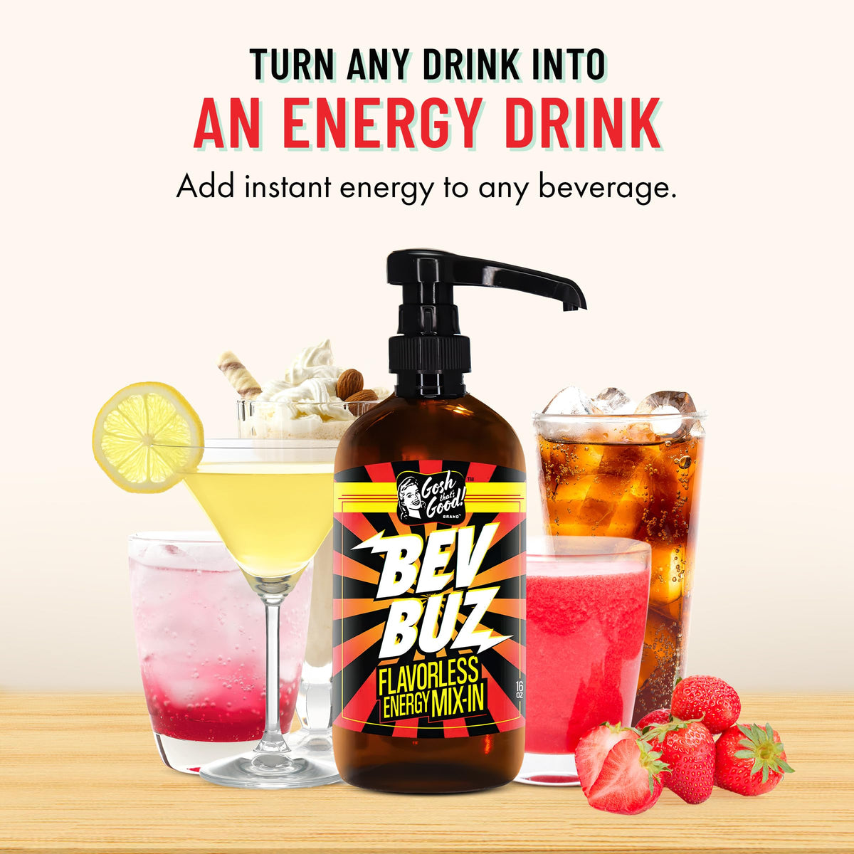 BEV BUZ™ Energy Drink Mix-In – Flavorless Liquid Caffeine for Coffee, Tea, Smoothies | 64 Servings | Gosh That's Good!