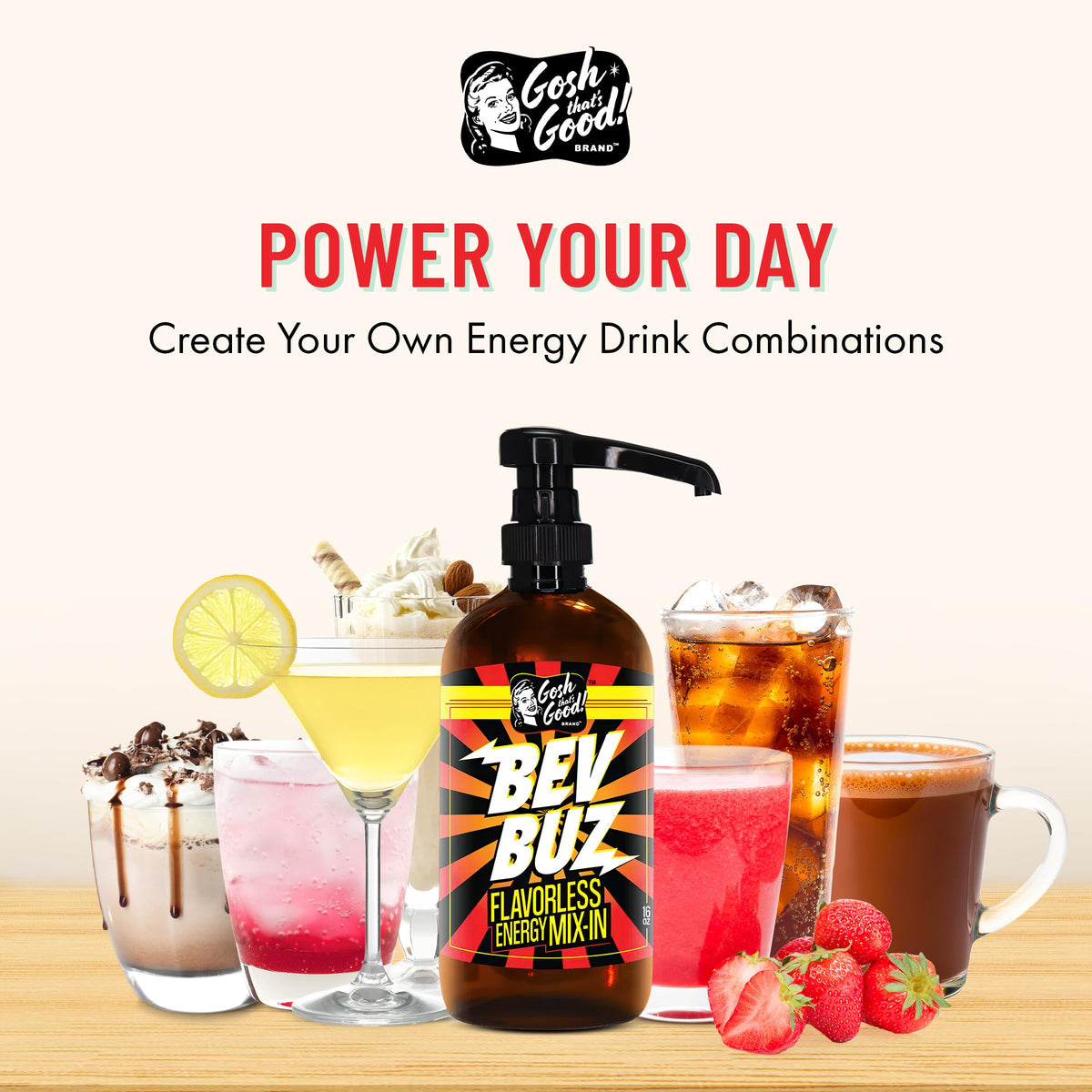 BEV BUZ™ Energy Drink Mix-In – Flavorless Liquid Caffeine for Coffee, Tea, Smoothies | 64 Servings | Gosh That's Good!