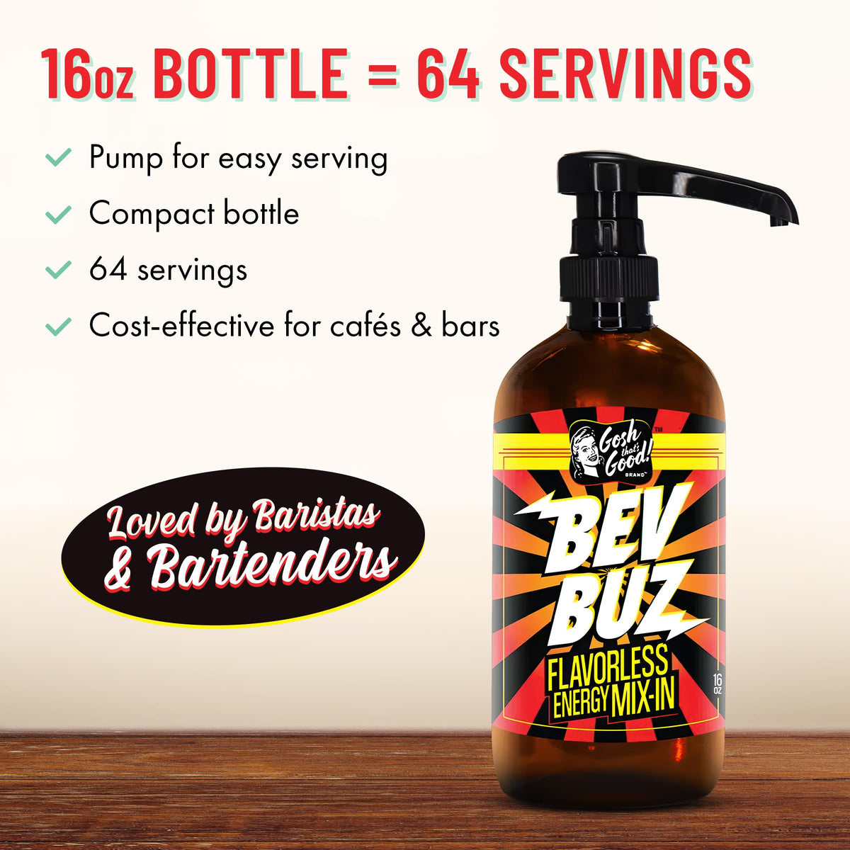 BEV BUZ™ Energy Drink Mix-In – Flavorless Liquid Caffeine for Coffee, Tea, Smoothies | 64 Servings | Gosh That's Good!