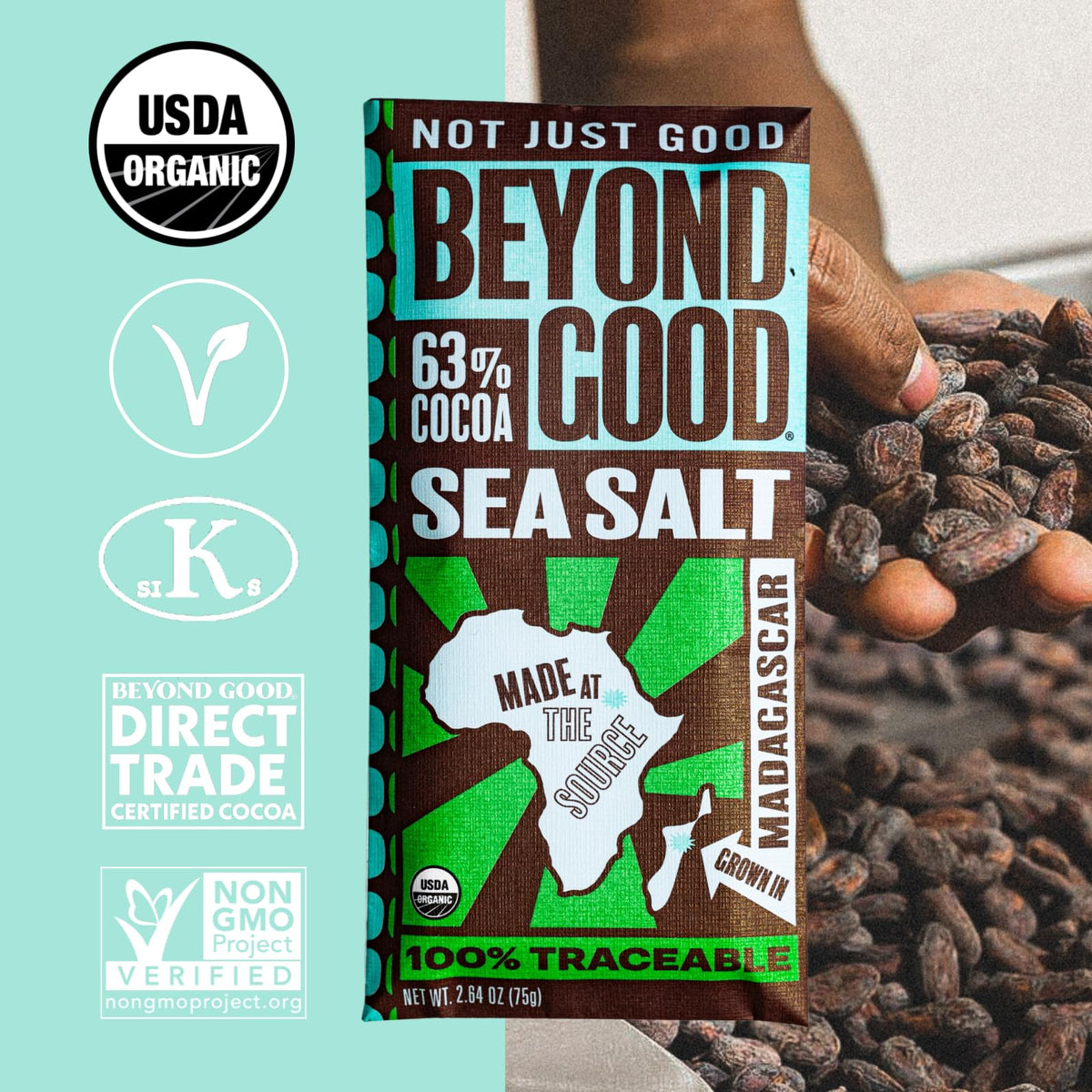 Beyond Good 63% Cocoa Dark Chocolate with Sea Salt | 6 Pack - Organic, Direct Trade, Vegan