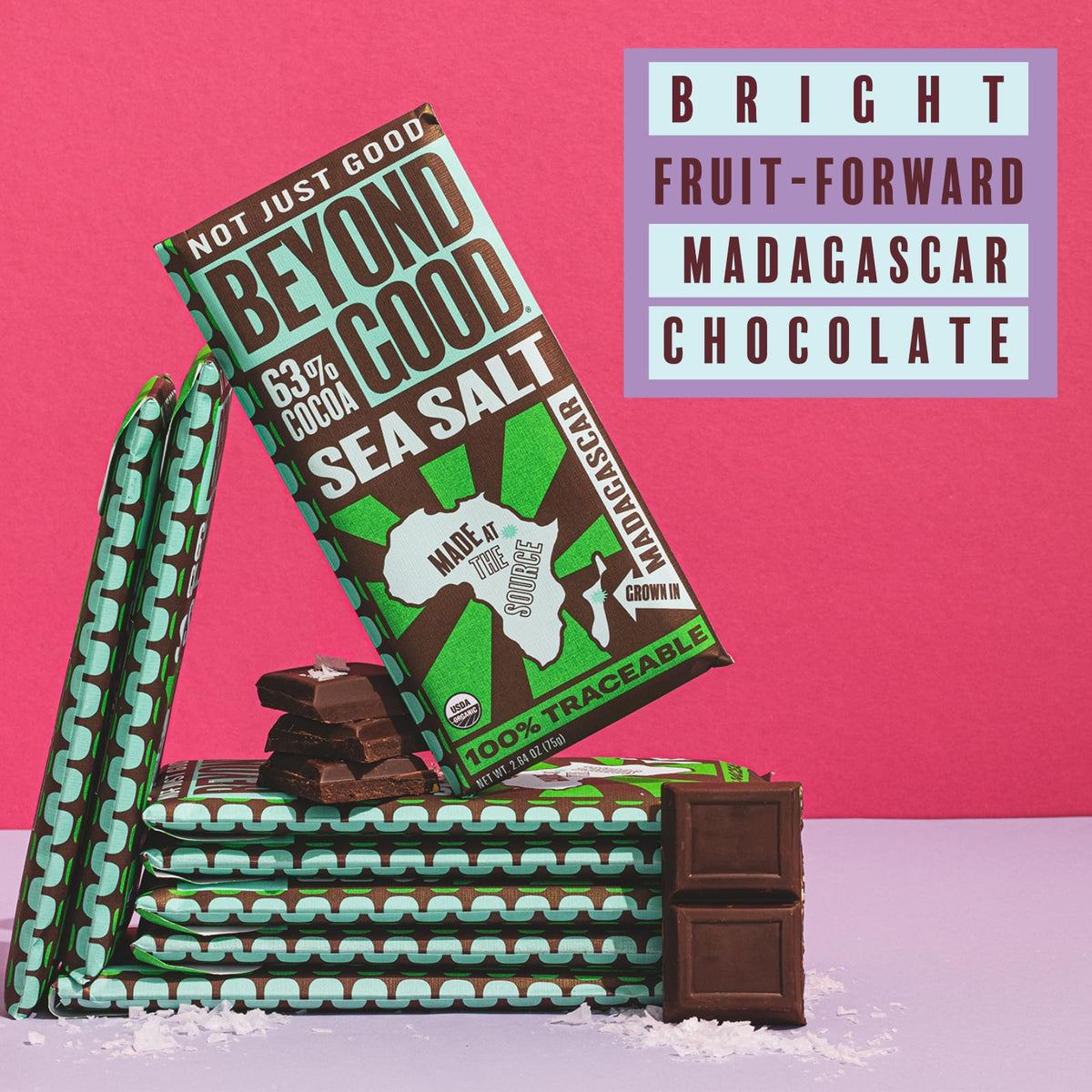 Beyond Good 63% Cocoa Dark Chocolate with Sea Salt | 6 Pack - Organic, Direct Trade, Vegan