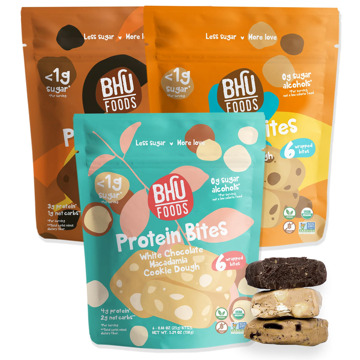 Bhu Fit Keto Bites – Best Sellers Variety Pack (3 Pack): Double Dark Chocolate, Chocolate Chip & White Chocolate Macadamia