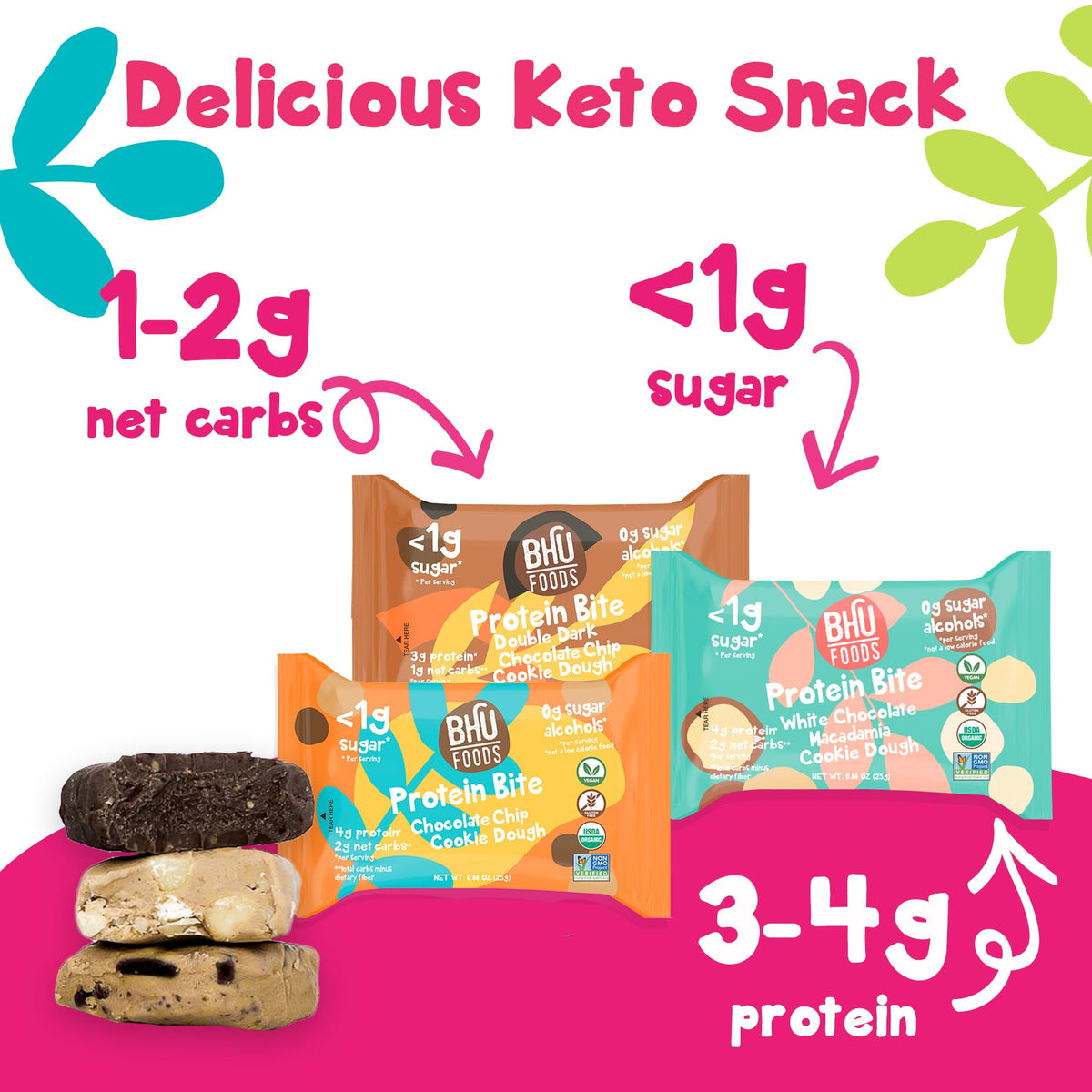 Bhu Fit Keto Bites – Best Sellers Variety Pack (3 Pack): Double Dark Chocolate, Chocolate Chip & White Chocolate Macadamia