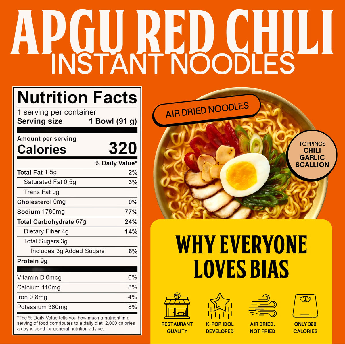 Bias Apgu Red Chili Instant Noodles - Vegan Air-Dried Ramen, 320 Cal per Serving, 6 Pack