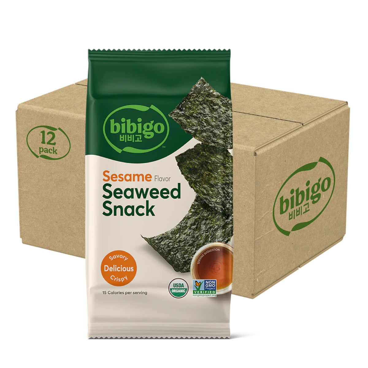Bibigo Seaweed Snack Sesame Flavor – Gluten Free, Non-GMO, 0.35 oz (Pack of 12)