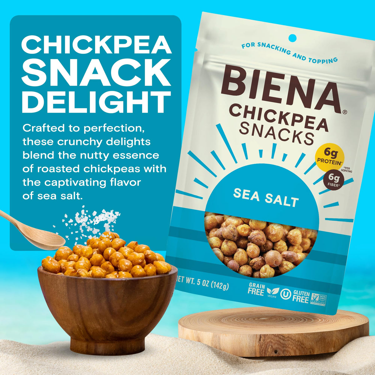 BIENA Chickpea Snacks - Sea Salt Roasted Chickpeas, 8-Pack - High Fiber Vegan Protein