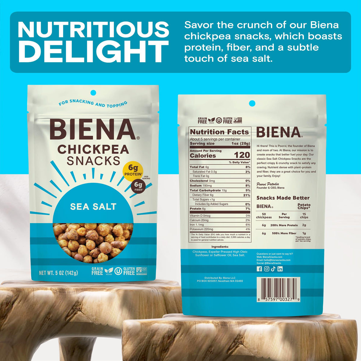 BIENA Chickpea Snacks - Sea Salt Roasted Chickpeas, 8-Pack - High Fiber Vegan Protein