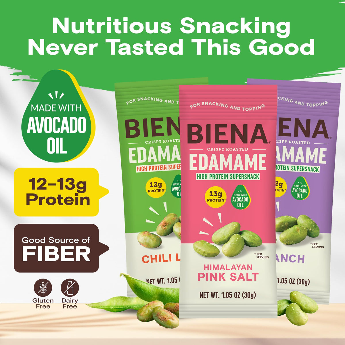 BIENA Crispy Roasted Edamame Snack — 12-13g Protein per Serving, Avocado Oil, 18-Pack Variety (Gluten-Free, Vegan)