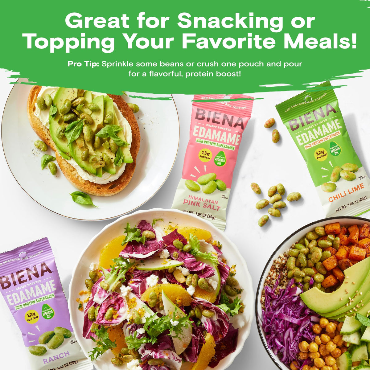 BIENA Crispy Roasted Edamame Snack — 12-13g Protein per Serving, Avocado Oil, 18-Pack Variety (Gluten-Free, Vegan)