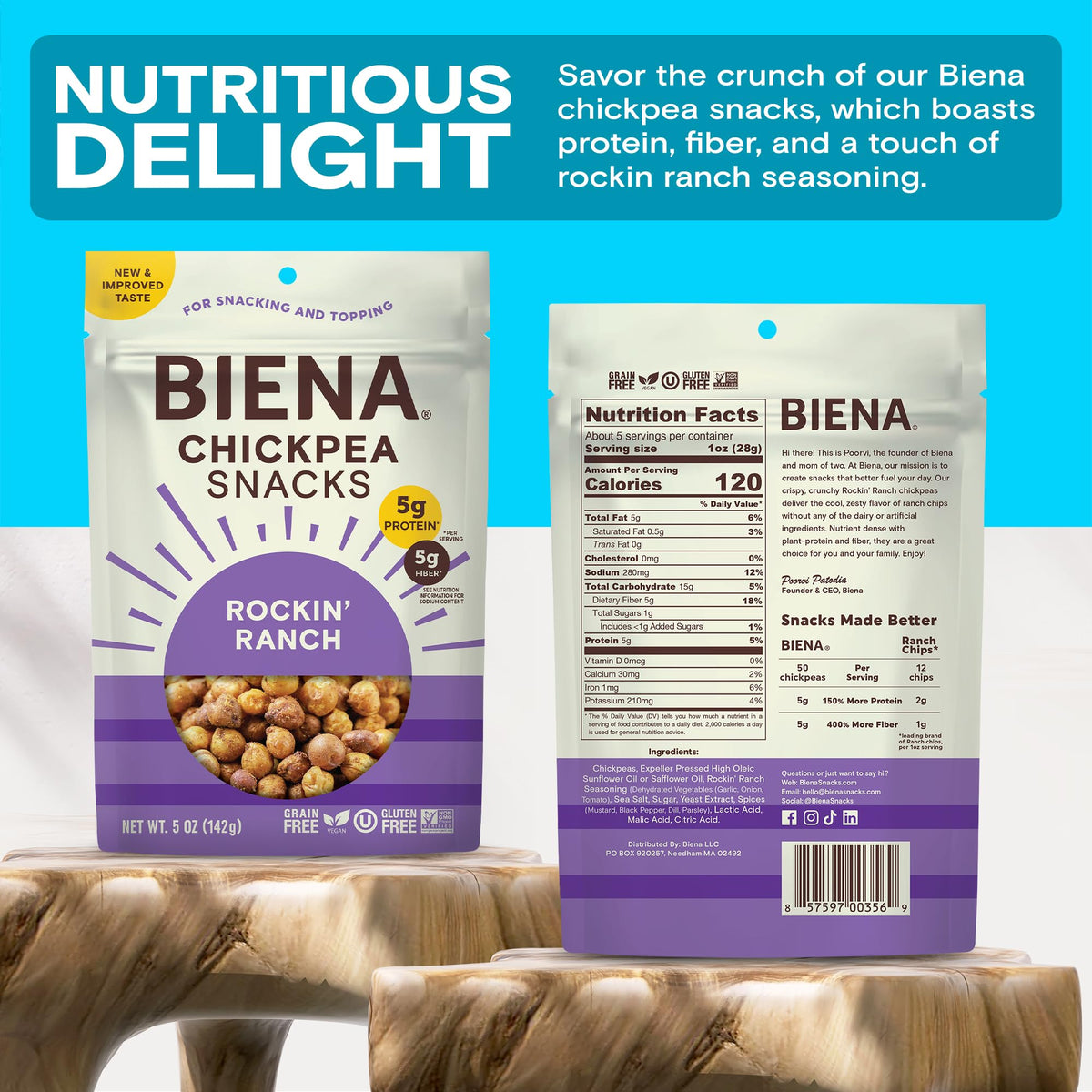 BIENA Rockin’ Ranch Chickpeas – 8-Pack Crunchy Roasted Chickpeas, High Fiber & Vegan Protein