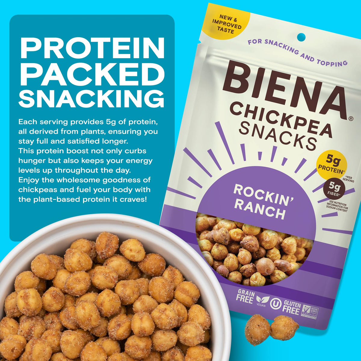 BIENA Rockin’ Ranch Chickpeas – 8-Pack Crunchy Roasted Chickpeas, High Fiber & Vegan Protein