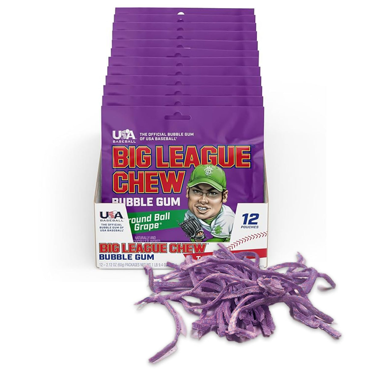 Big League Chew Ground Ball Grape Bubble Gum – Juicy Grape Flavor, Pack of 12 Bags (2.12 oz Each)