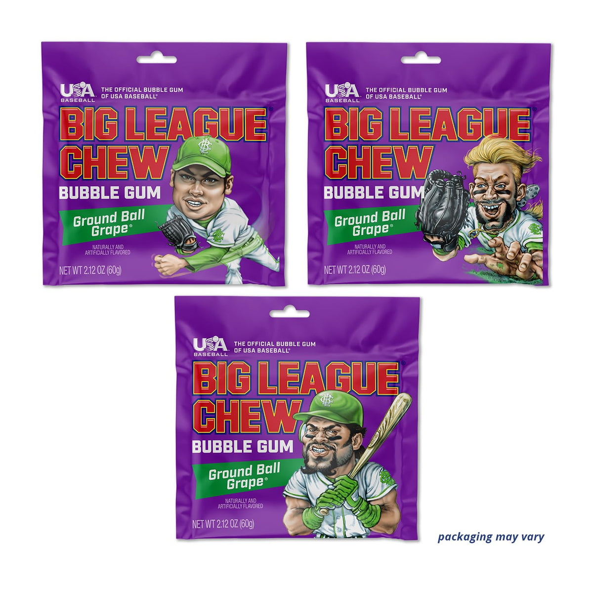 Big League Chew Ground Ball Grape Bubble Gum – Juicy Grape Flavor, Pack of 12 Bags (2.12 oz Each)
