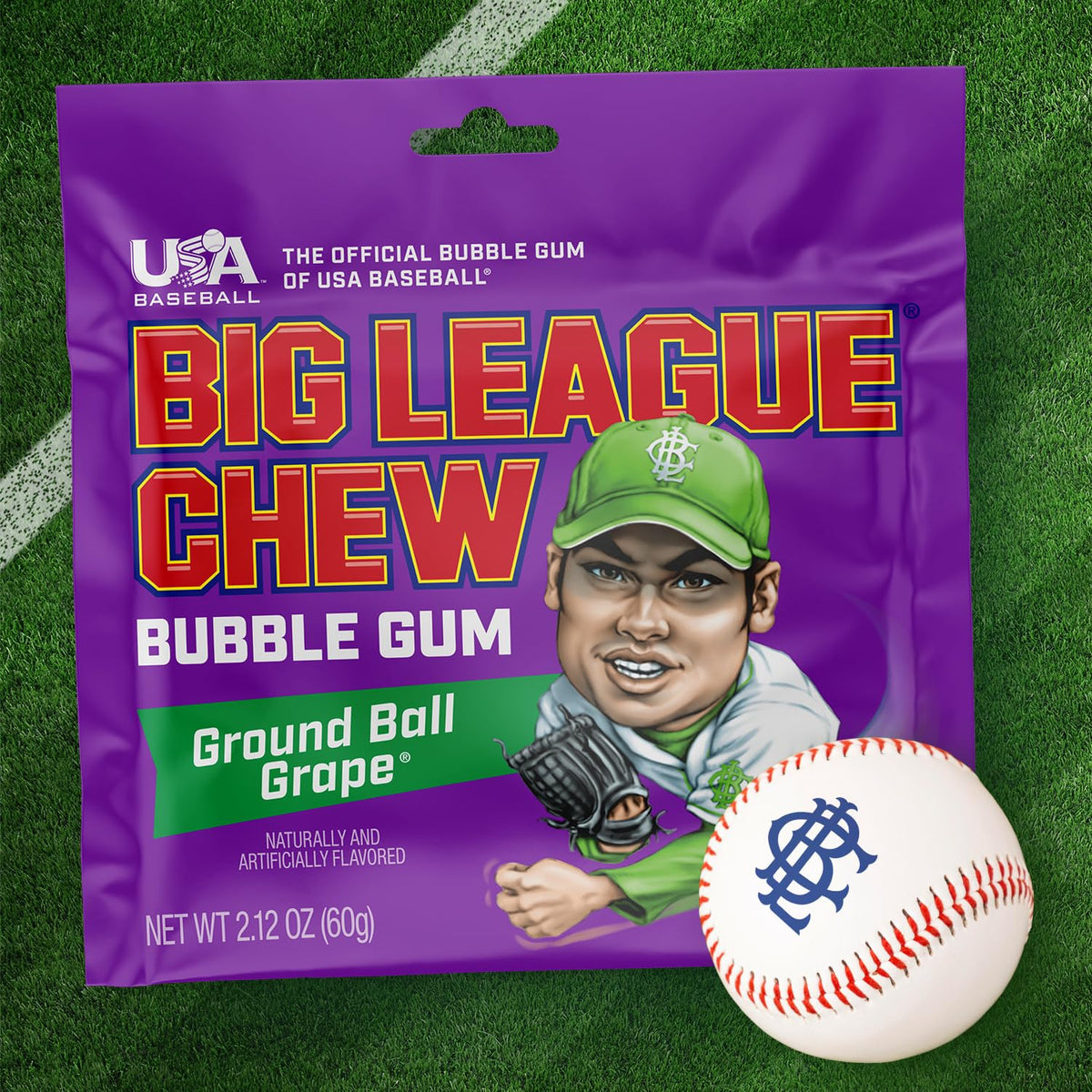 Big League Chew Ground Ball Grape Bubble Gum – Juicy Grape Flavor, Pack of 12 Bags (2.12 oz Each)
