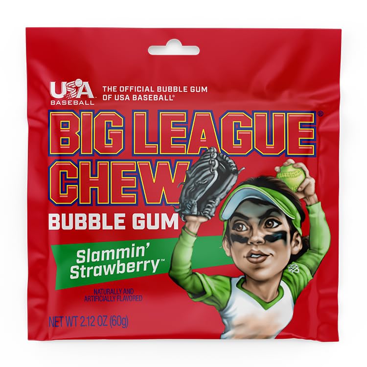 Big League Chew Slammin' Strawberry Bubble Gum – 12 Pack (2.12 oz Each) | Strawberry Flavor for Baseball, Teams & Concessions