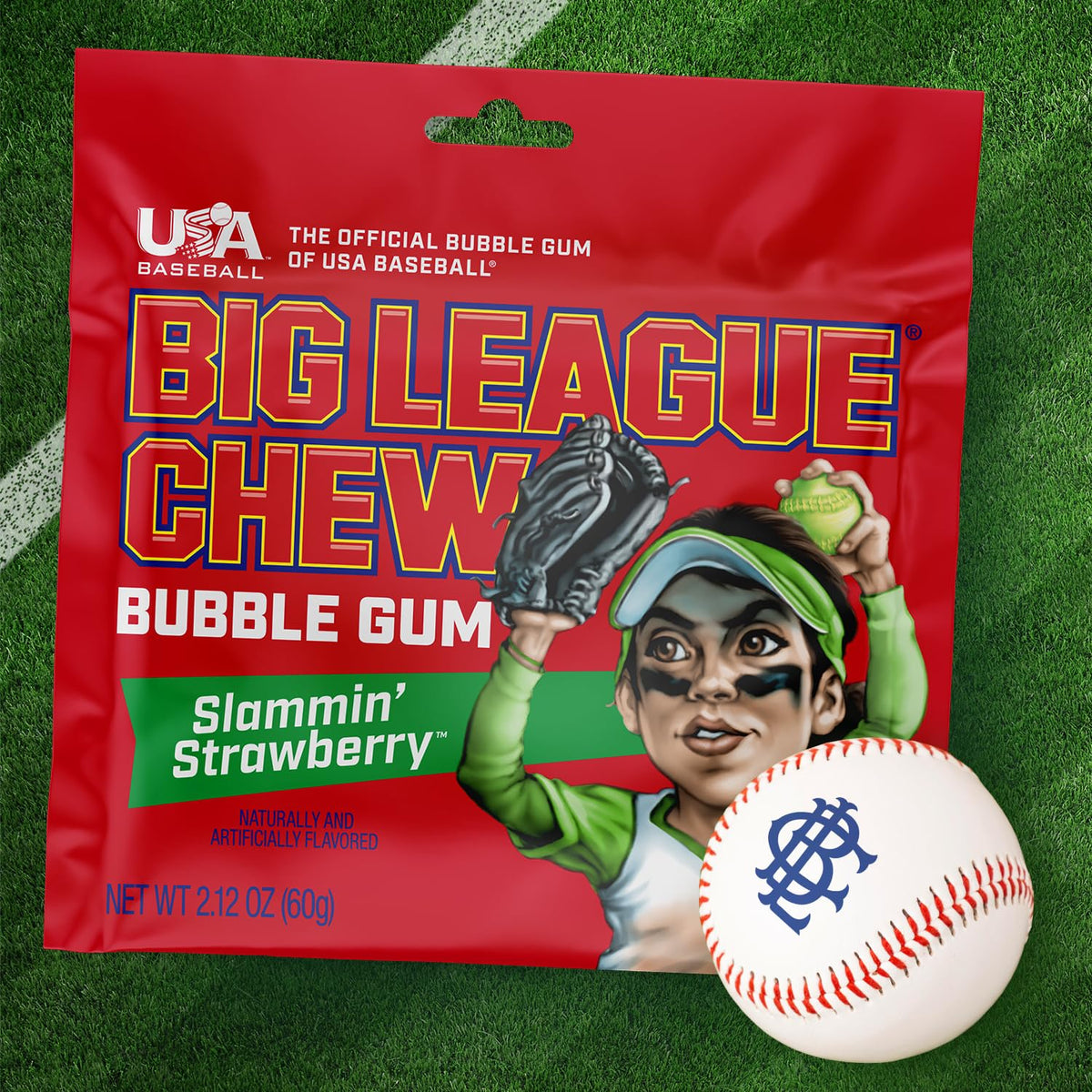 Big League Chew Slammin' Strawberry Bubble Gum – 12 Pack (2.12 oz Each) | Strawberry Flavor for Baseball, Teams & Concessions