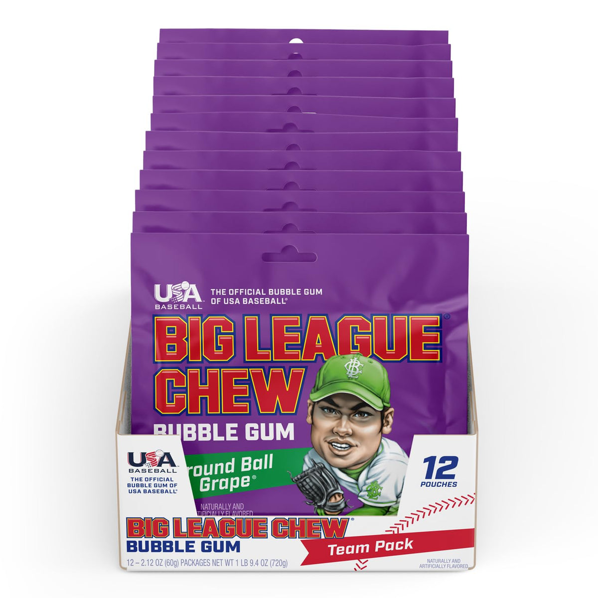 Big League Chew Ground Ball Grape Bubble Gum – Juicy Grape Flavor, Pack of 12 Bags (2.12 oz Each)