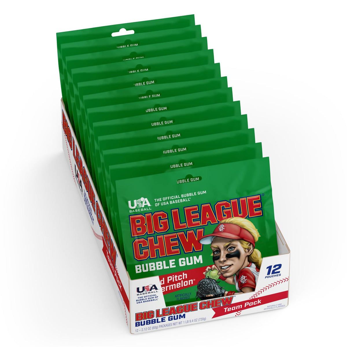 Big League Chew Wild Pitch Watermelon Bubble Gum – Juicy Watermelon Flavor Burst | Pack of 12 Bags (2.12 oz Each)