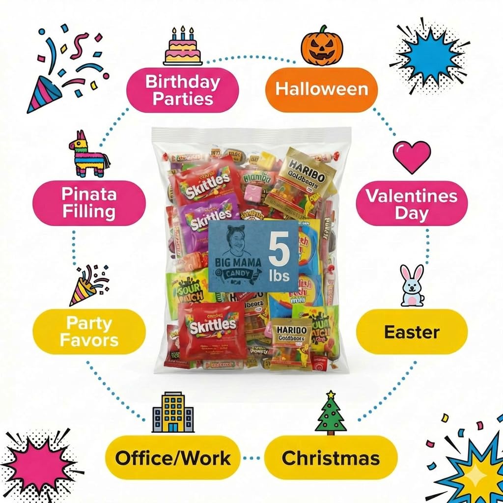 Big Mama Candy Assorted Candy Variety Pack 5 lb Bulk – Individually Wrapped Party Favors & Treats