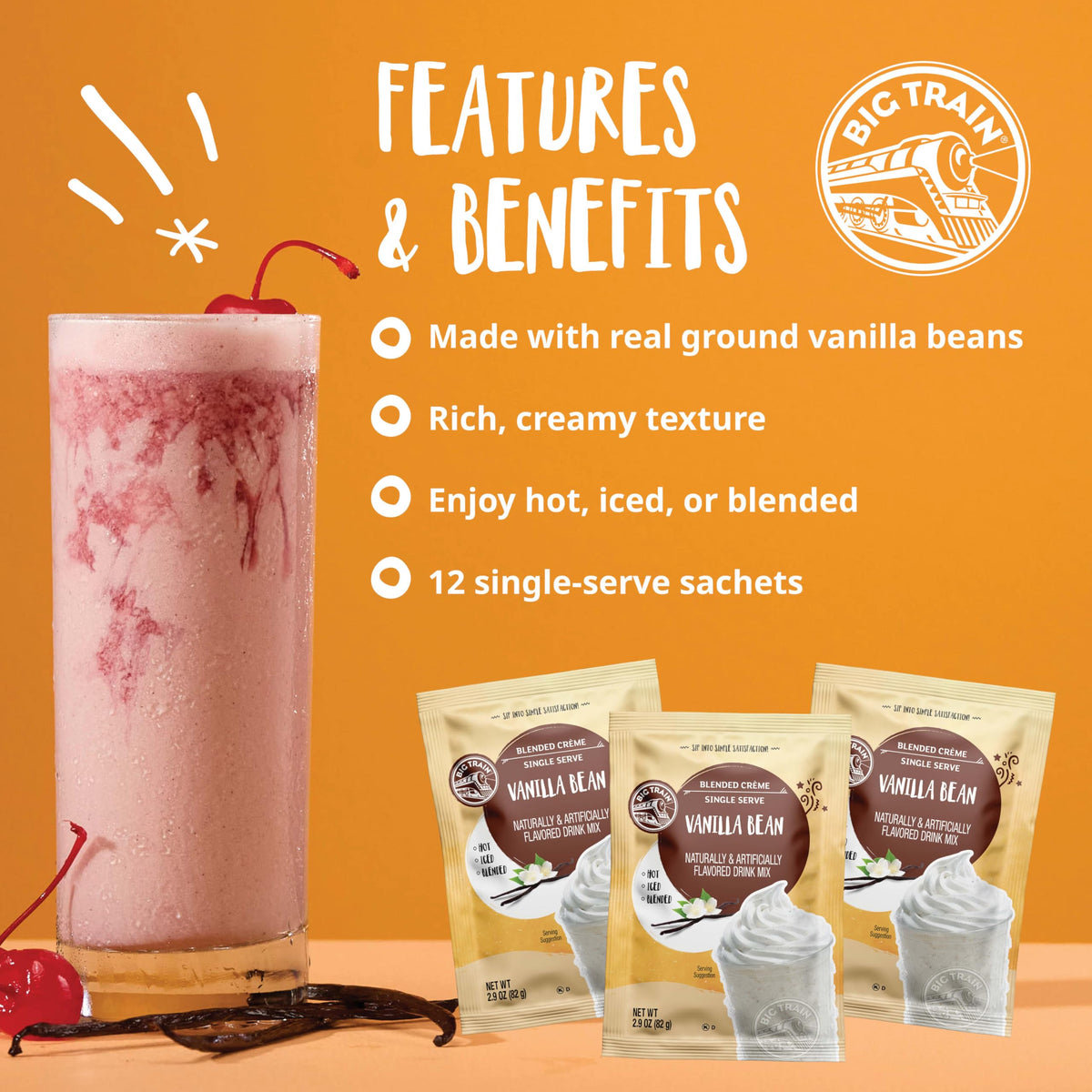 Big Train Vanilla Bean Blended Creme Beverage Mix – 12 Pack for Café-Style Frappes & Lattes