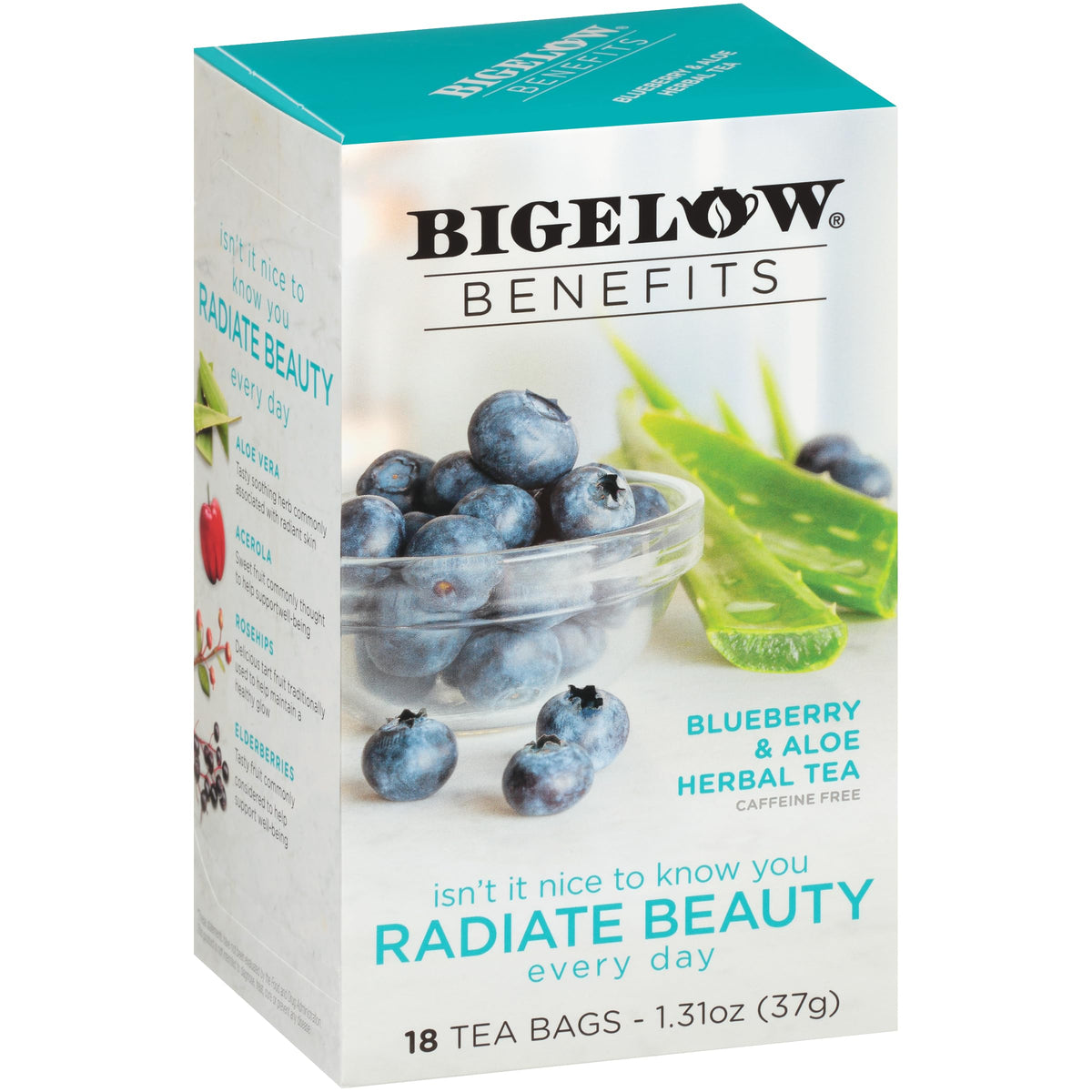 Bigelow Benefits Radiate Beauty Blueberry & Aloe Herbal Tea | Caffeine Free, 108 Bags (Pack of 6)