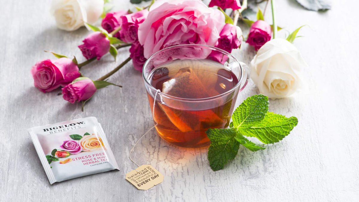 Bigelow Benefits Stress Free Rose & Mint Herbal Tea – Caffeine Free, Gluten Free, Pack of 6 (108 Total Tea Bags)