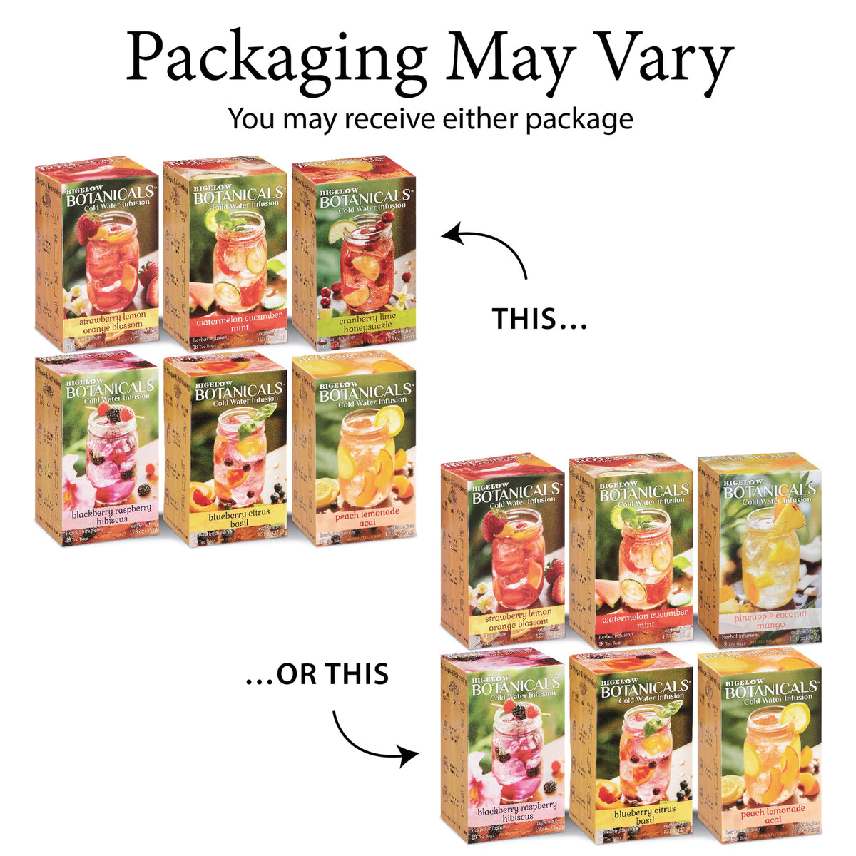 Bigelow Botanicals Cold Water Infusion Herbal Variety Pack – 108 Caffeine-Free Tea Bags (6 Flavors)