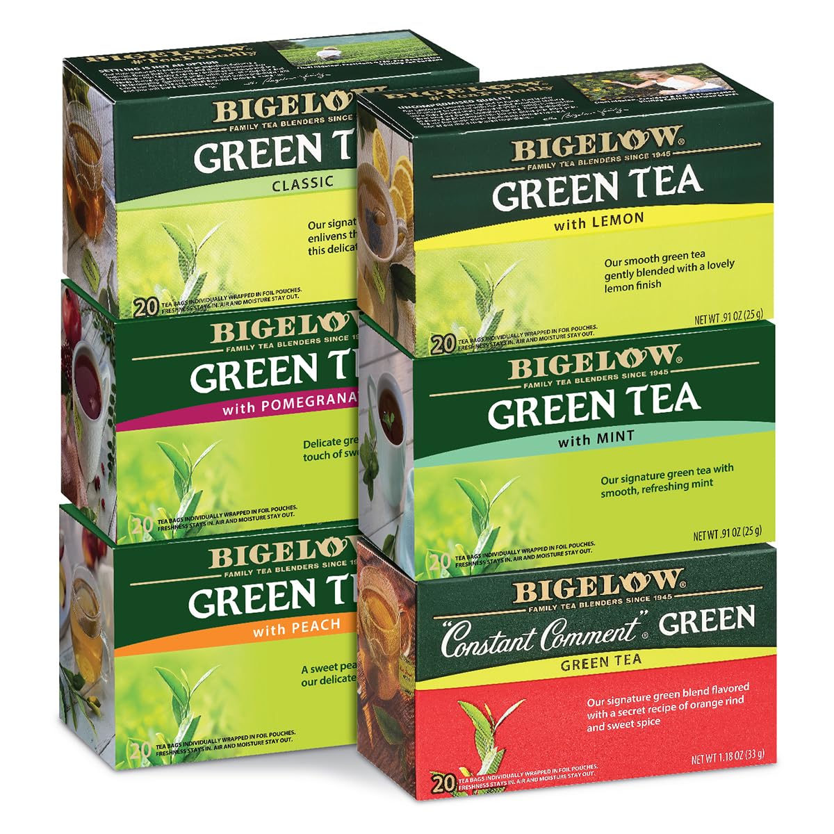 Bigelow Tea Green Tea Variety Pack – 120 Bags, 6 Boxes (Classic Green, Lemon, Pomegranate, Mint, Peach & Constant Comment)