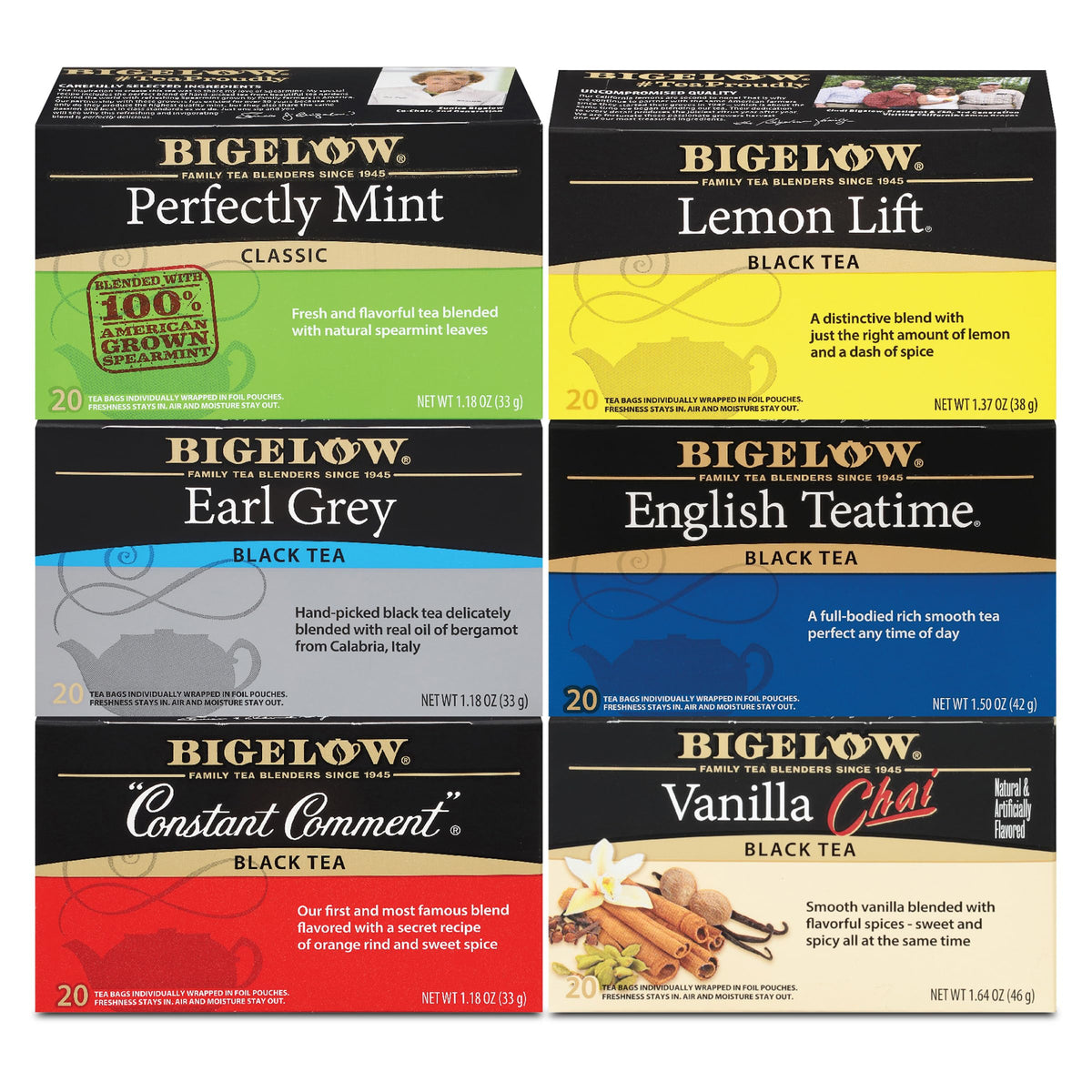 Bigelow Tea 6-Flavor Black Tea Variety Pack – 120 Caffeinated Bags (Mint, Lemon, Constant Comment, English Teatime, Earl Grey, Vanilla Chai)