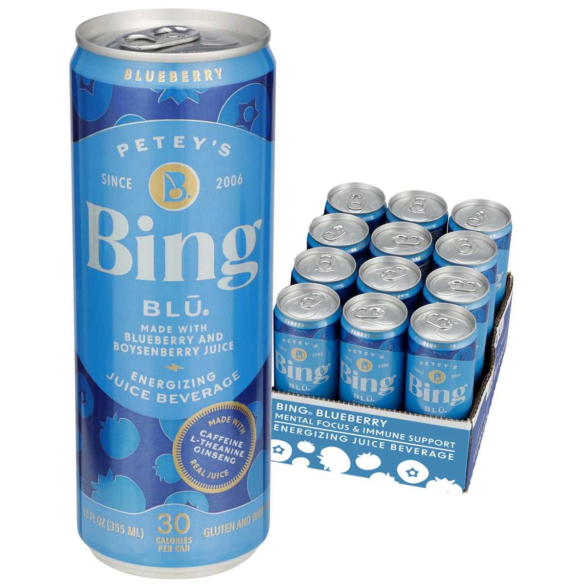 BING BLUEBERRY Energizing Juice Beverage – 12oz Can, 12-Pack | Real Juice, 125 mg Caffeine, 2g Added Sugars, Vegan & Gluten-Free