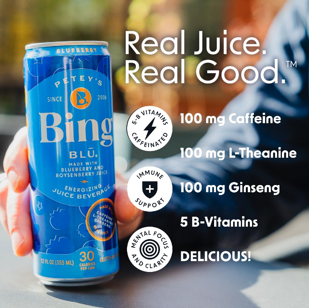 BING BLUEBERRY Energizing Juice Beverage – 12oz Can, 12-Pack | Real Juice, 125 mg Caffeine, 2g Added Sugars, Vegan & Gluten-Free