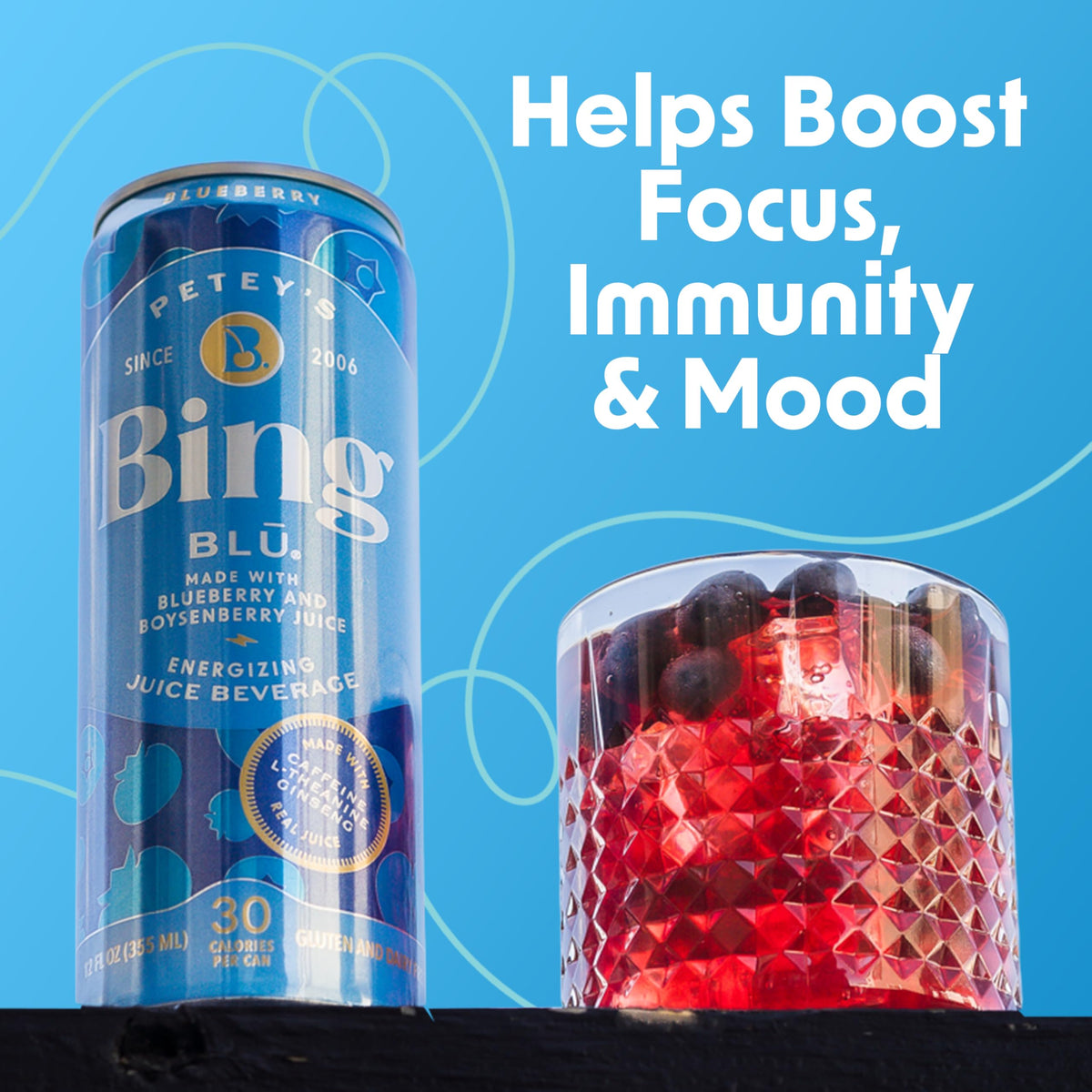 BING BLUEBERRY Energizing Juice Beverage – 12oz Can, 12-Pack | Real Juice, 125 mg Caffeine, 2g Added Sugars, Vegan & Gluten-Free