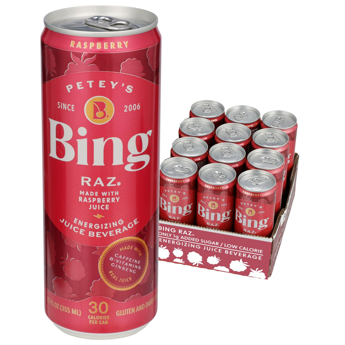 BING RAZ Raspberry Energizing Juice Beverage – 12oz Cans (12-Pack) | Real Juice, 100mg Caffeine, 1g Added Sugar, 30 Calories, 5 B-Vitamins & Ginseng | Vegan, Gluten Free