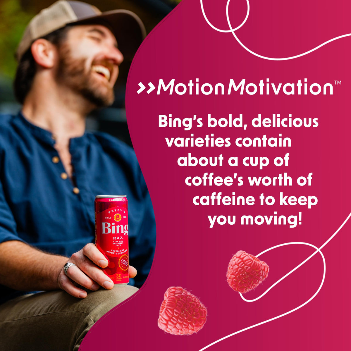 BING RAZ Raspberry Energizing Juice Beverage – 12oz Cans (12-Pack) | Real Juice, 100mg Caffeine, 1g Added Sugar, 30 Calories, 5 B-Vitamins & Ginseng | Vegan, Gluten Free