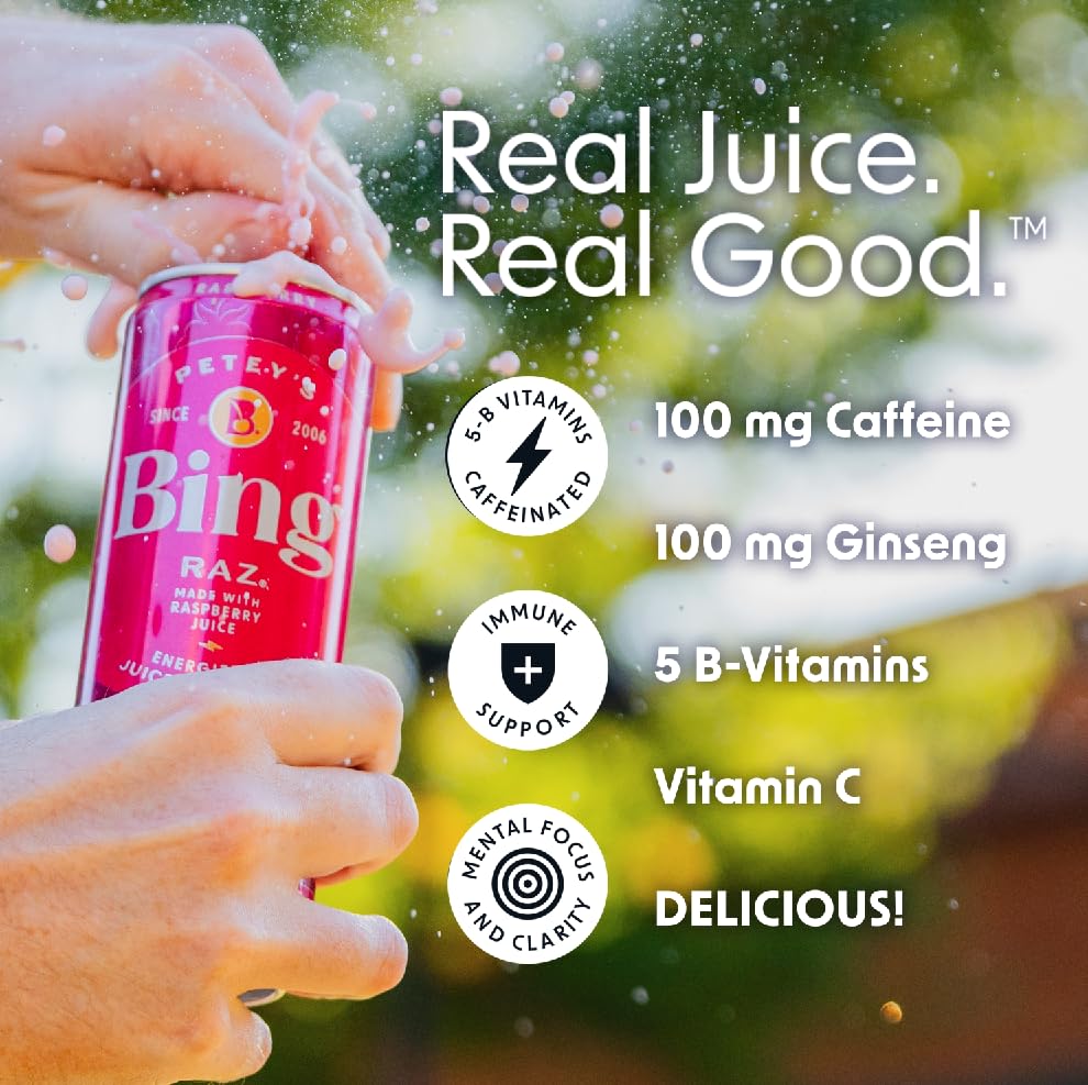 BING RAZ Raspberry Energizing Juice Beverage – 12oz Cans (12-Pack) | Real Juice, 100mg Caffeine, 1g Added Sugar, 30 Calories, 5 B-Vitamins & Ginseng | Vegan, Gluten Free