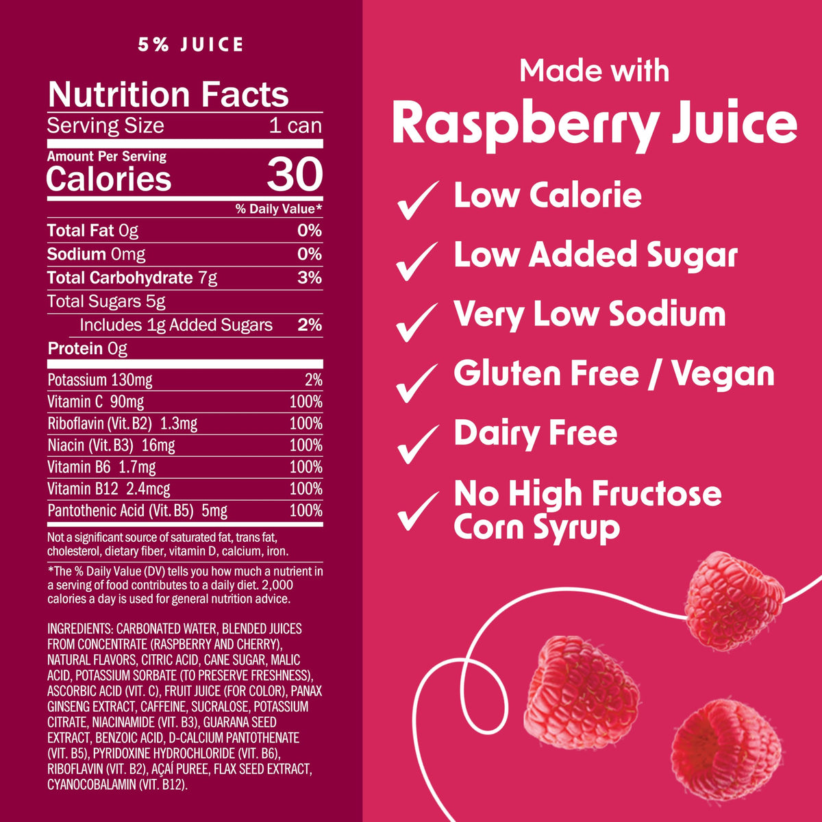 BING RAZ Raspberry Energizing Juice Beverage – 12oz Cans (12-Pack) | Real Juice, 100mg Caffeine, 1g Added Sugar, 30 Calories, 5 B-Vitamins & Ginseng | Vegan, Gluten Free