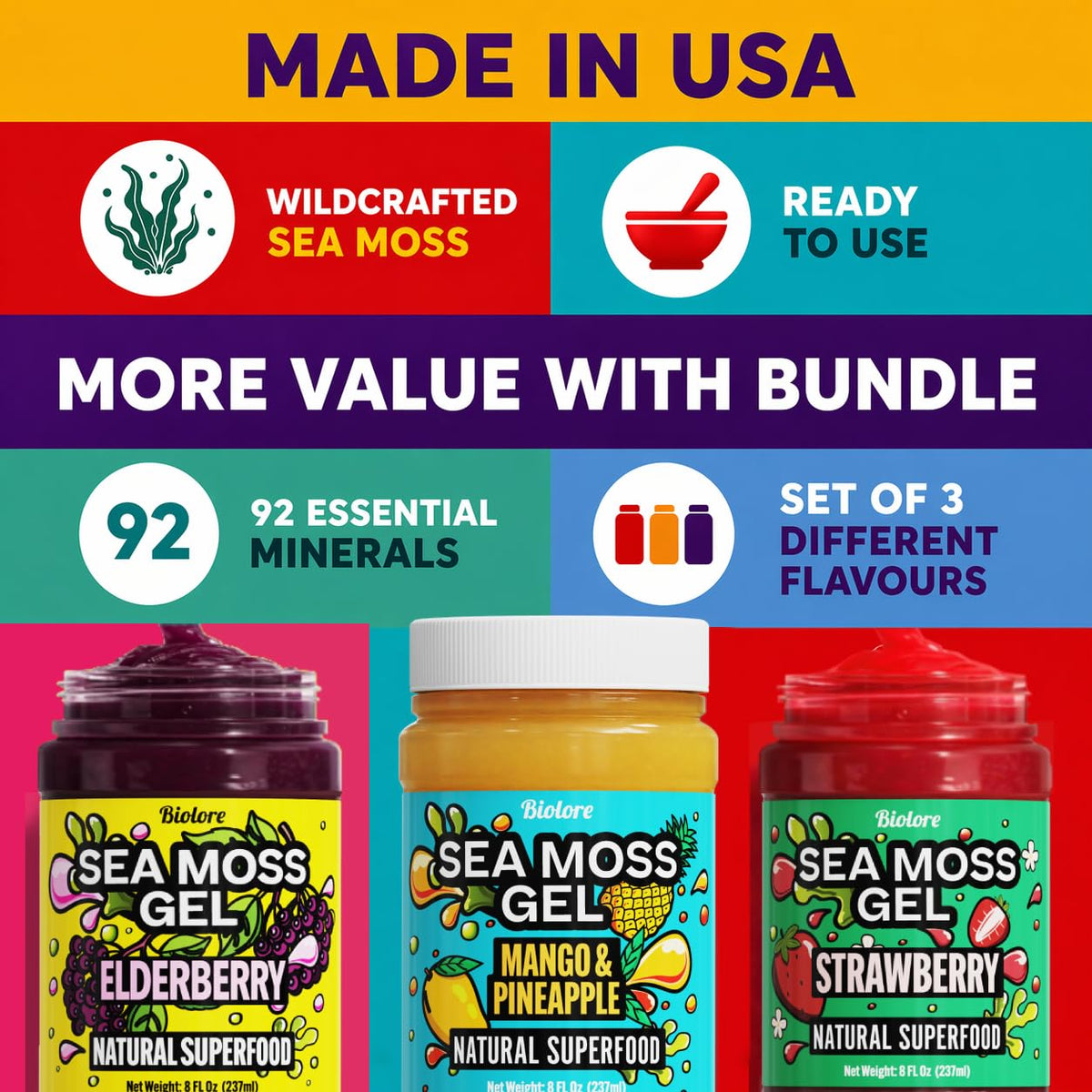 Biolore Sea Moss Gel Set of 3 – 24oz Total | Mango-Pineapple, Elderberry & Strawberry – Wildcrafted, Vegan, Made in USA