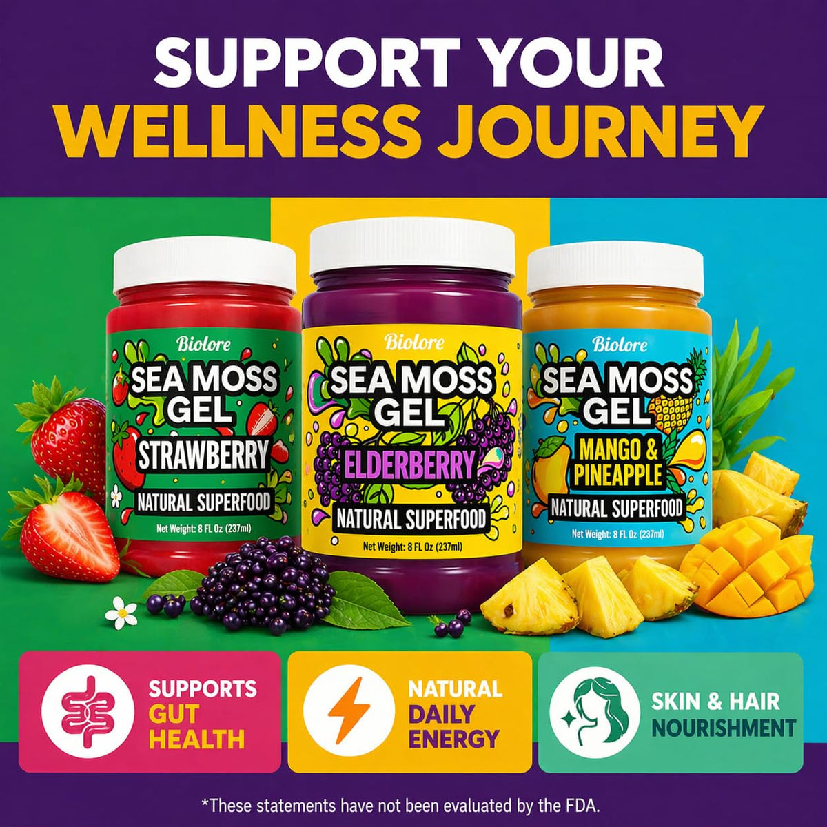 Biolore Sea Moss Gel Set of 3 – 24oz Total | Mango-Pineapple, Elderberry & Strawberry – Wildcrafted, Vegan, Made in USA