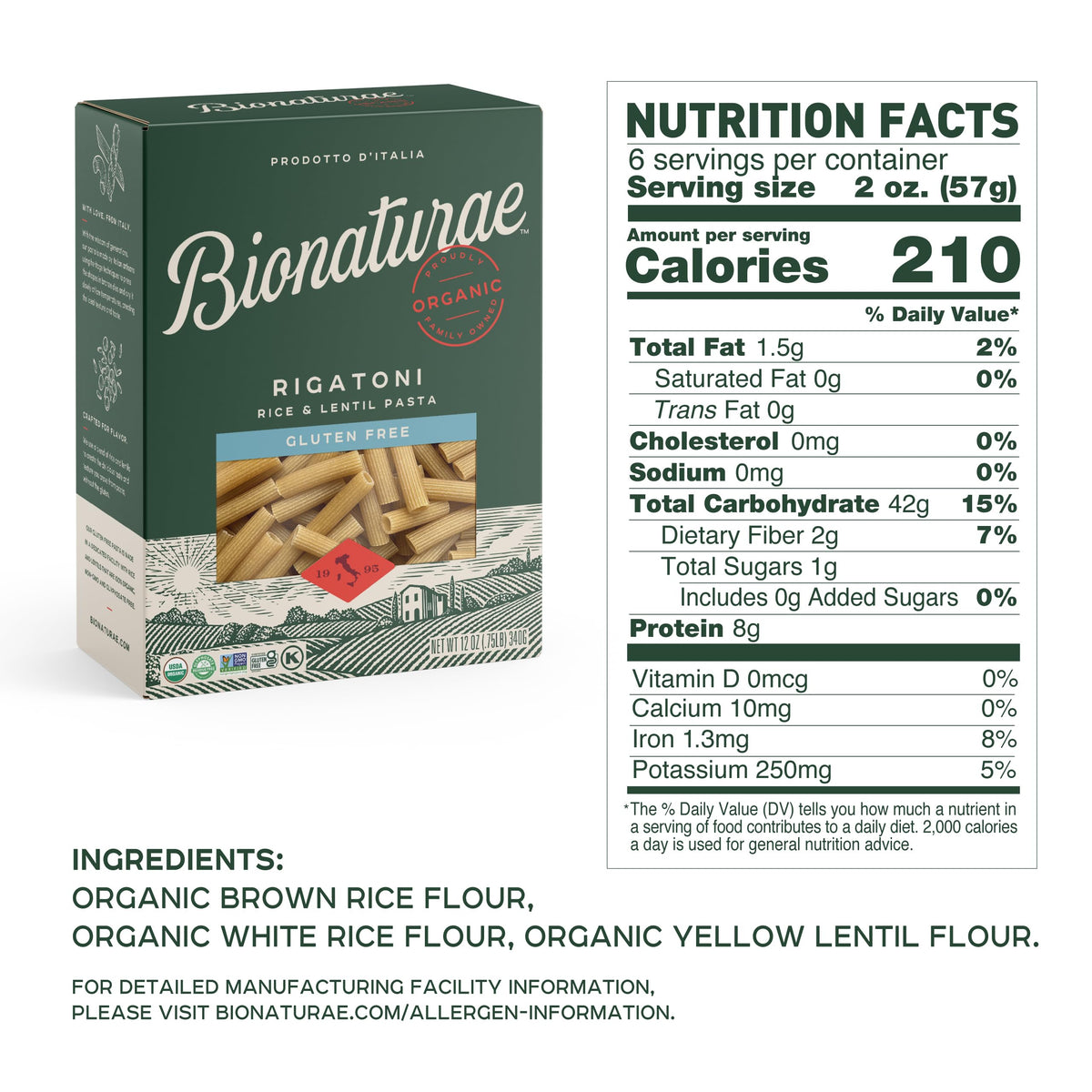 Bionaturae Gluten Free Rigatoni Pasta – Organic Rice & Lentil, High Protein, 4 Pack