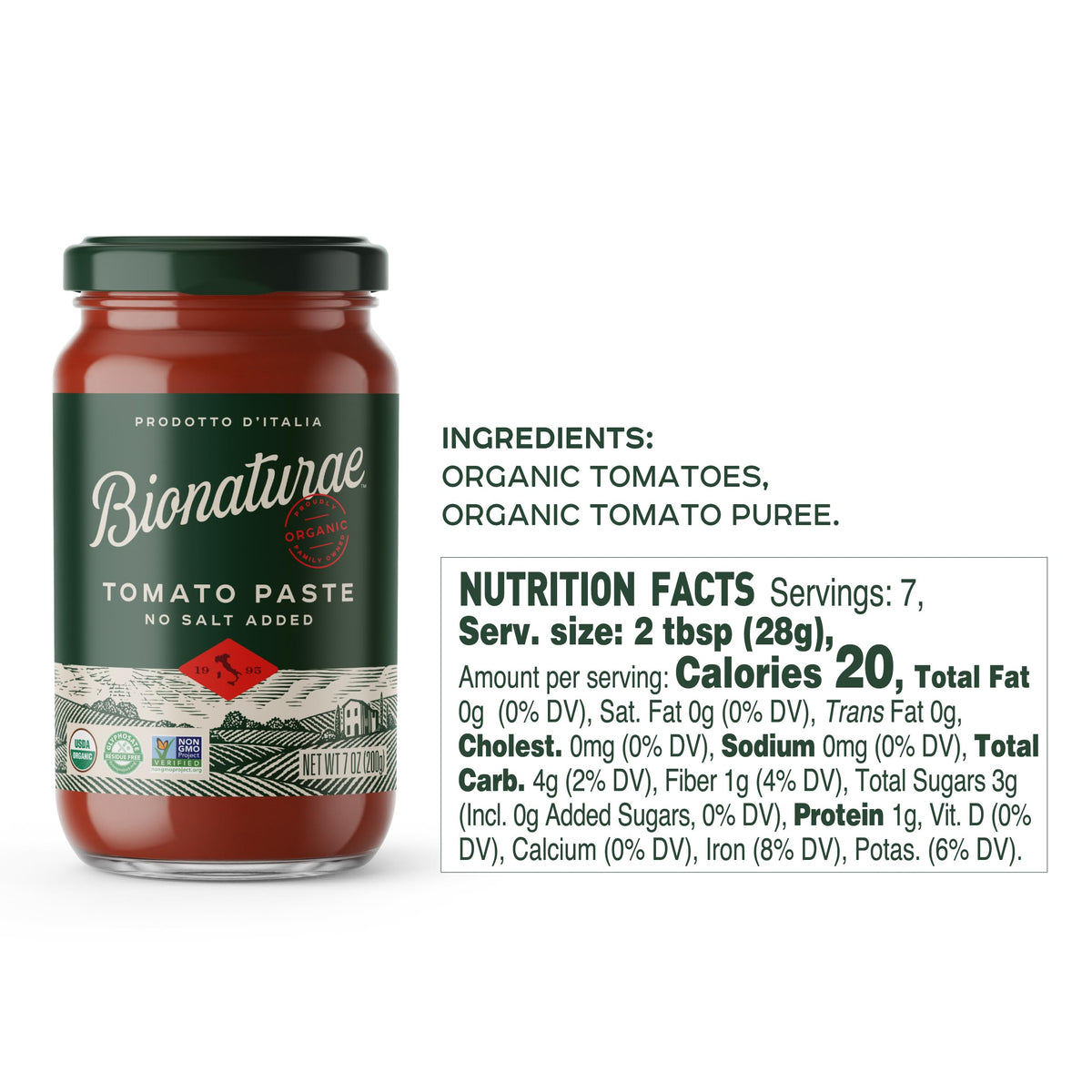 Bionaturae Organic Tomato Paste – No Salt, No Added Sugar, 7 oz Jar (12 Pack)