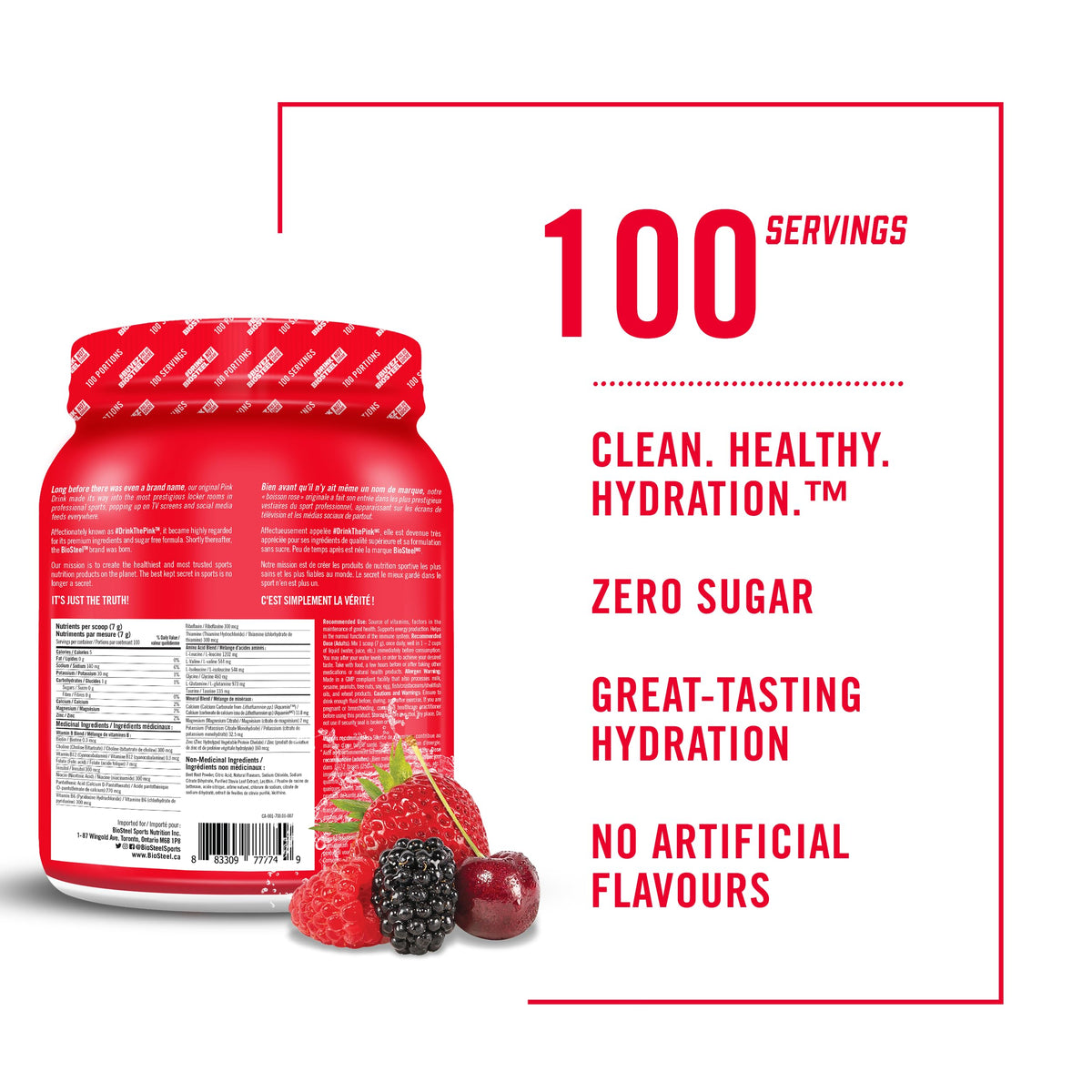 BioSteel Zero Sugar Hydration Mix – Berry, 100 Servings, 5 Electrolytes