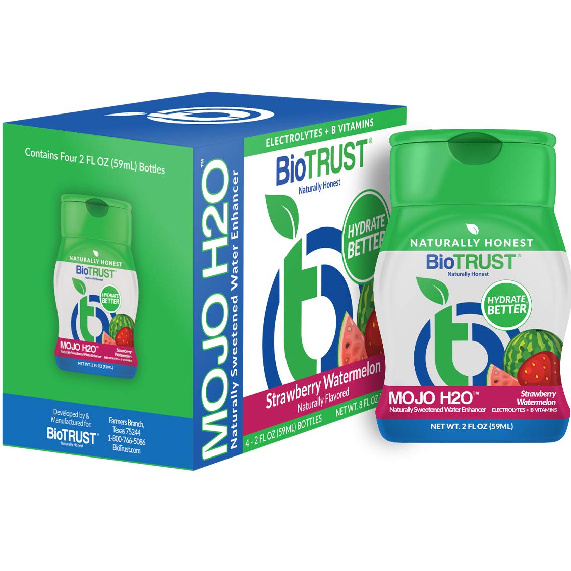 BioTrust Mojo H2O Natural Water Enhancer Drops – Strawberry Watermelon, Sugar-Free, 4-Pack (B Vitamins & Electrolytes)