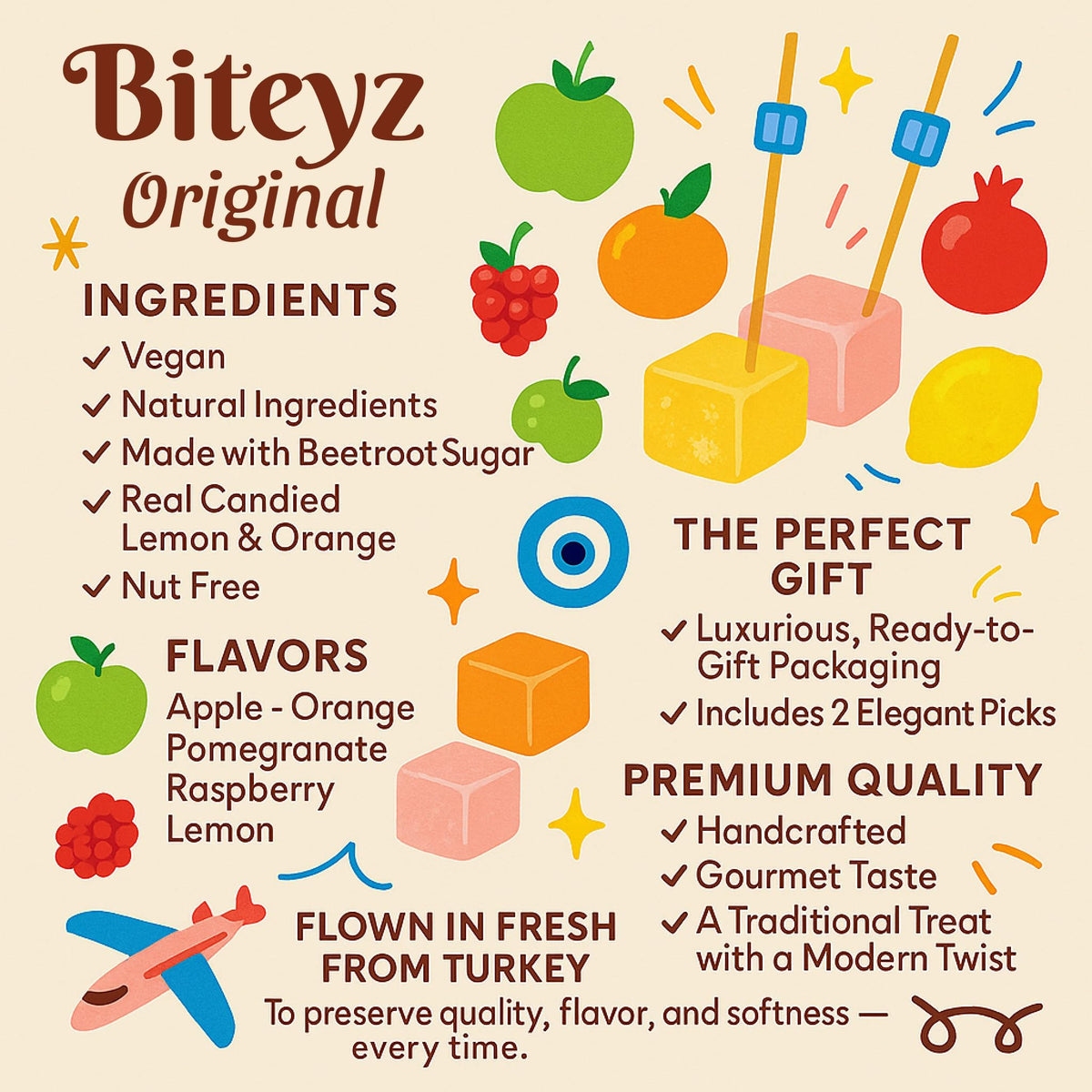 Biteyz Original Turkish Delight — Vegan Gourmet Gift Box with 36 Assorted Fruit Candies