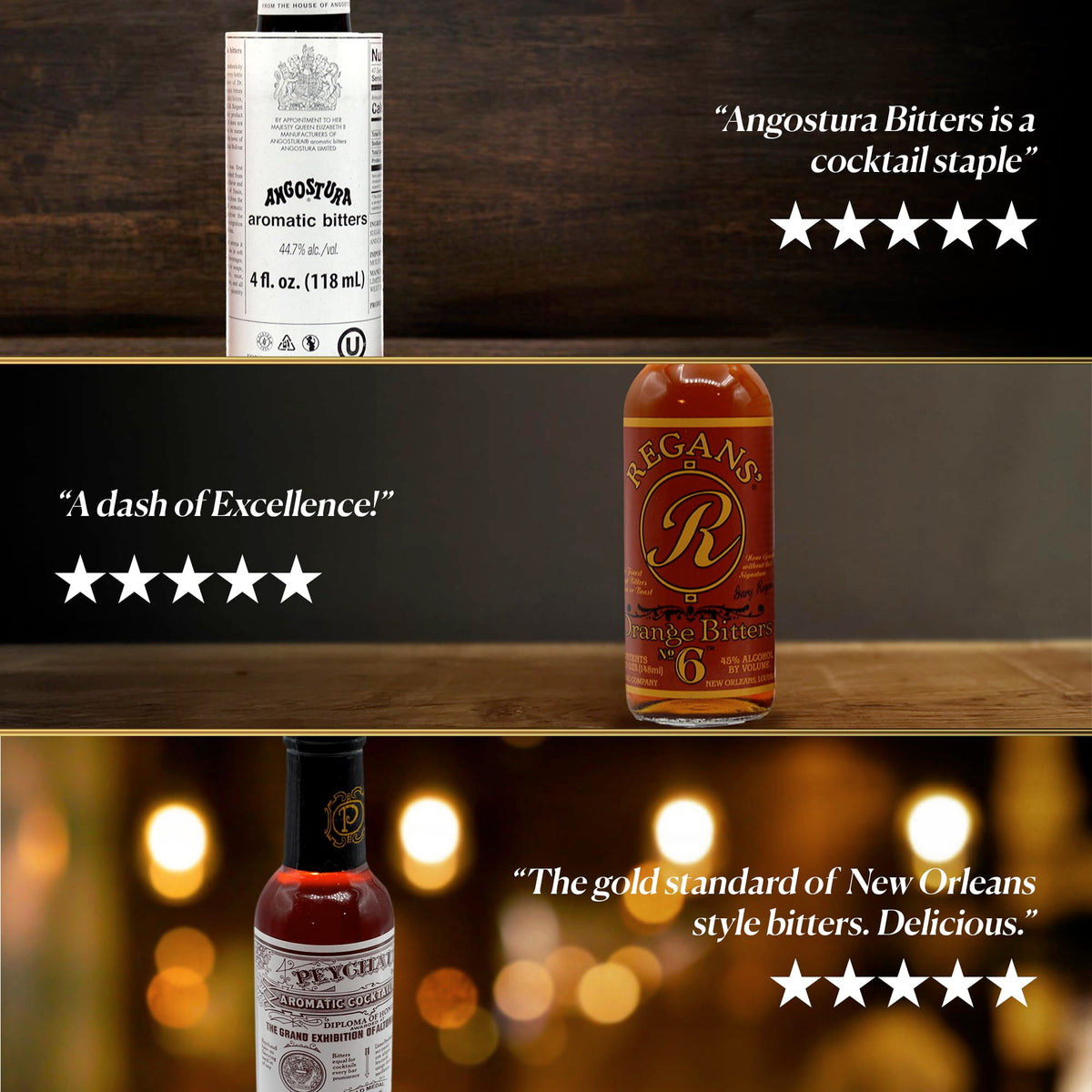 Bitters Triple Play Cocktail Bitters Gift Set – Angostura Aromatic 4oz, Regans Orange 5oz, Peychaud's 5oz