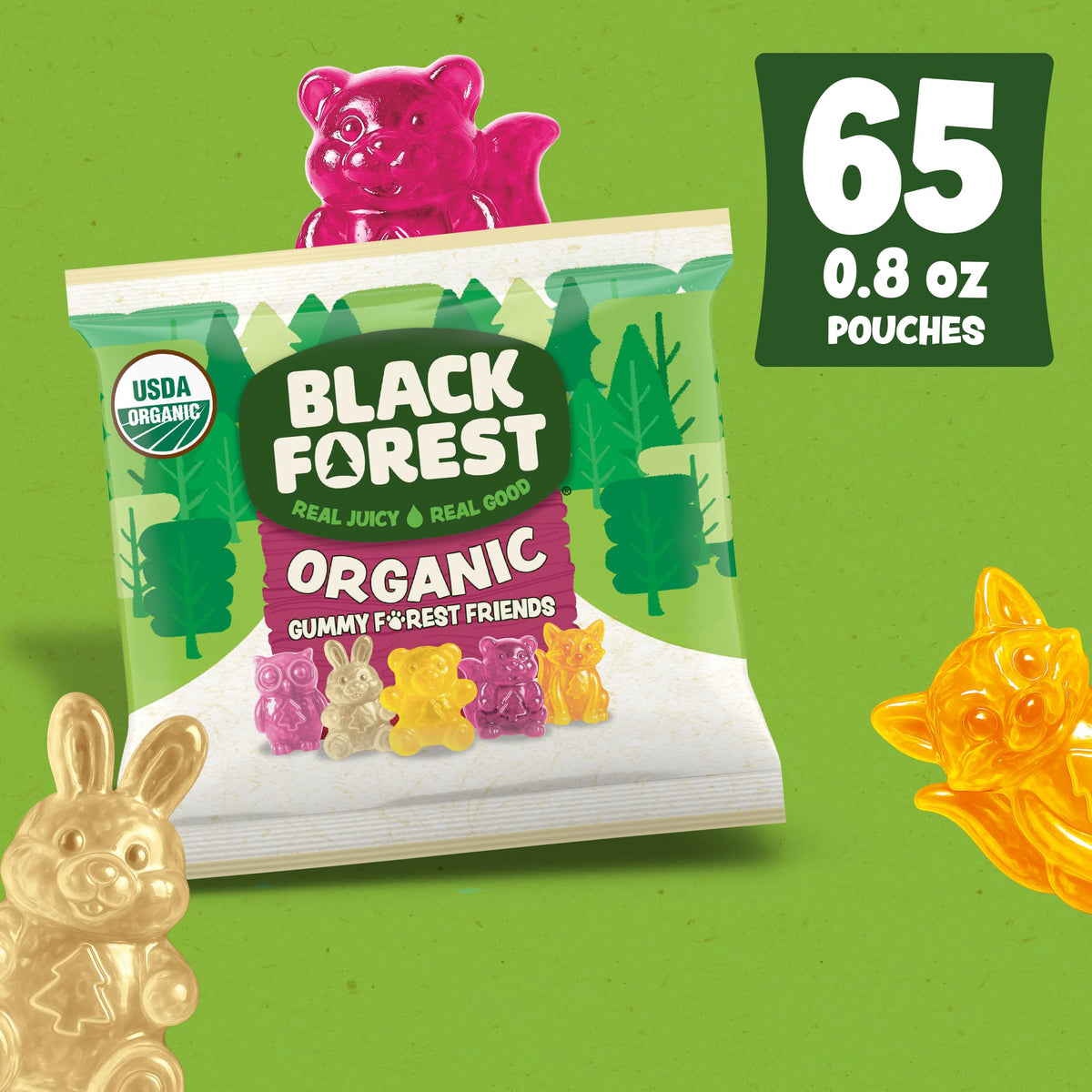 Black Forest Organic Forest Friends Gummies — 65 Count, Real Fruit Juice, Gluten Free & Fat Free, 0.8 oz Pouches