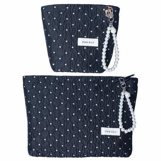 Black Polka Dot Makeup Bag 2 Sizes Zipper Cosmetic Pouch With Wrist Strap