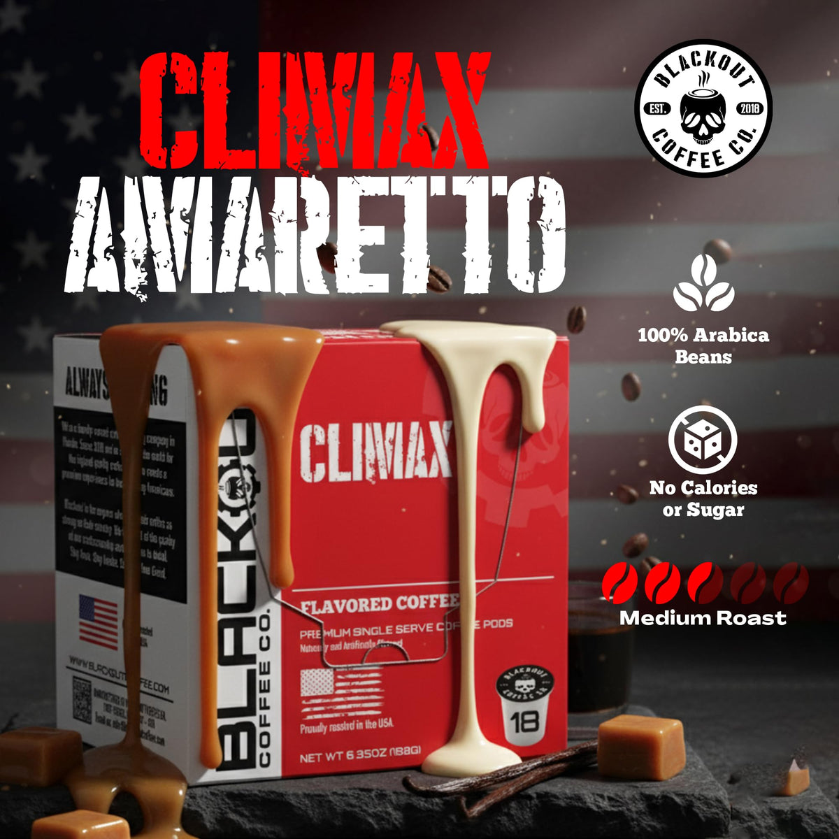 Blackout Coffee CLIMAX Amaretto, Irish Cream & Kahlua Pods – Premium Arabica, Smooth Flavor | 18 Count