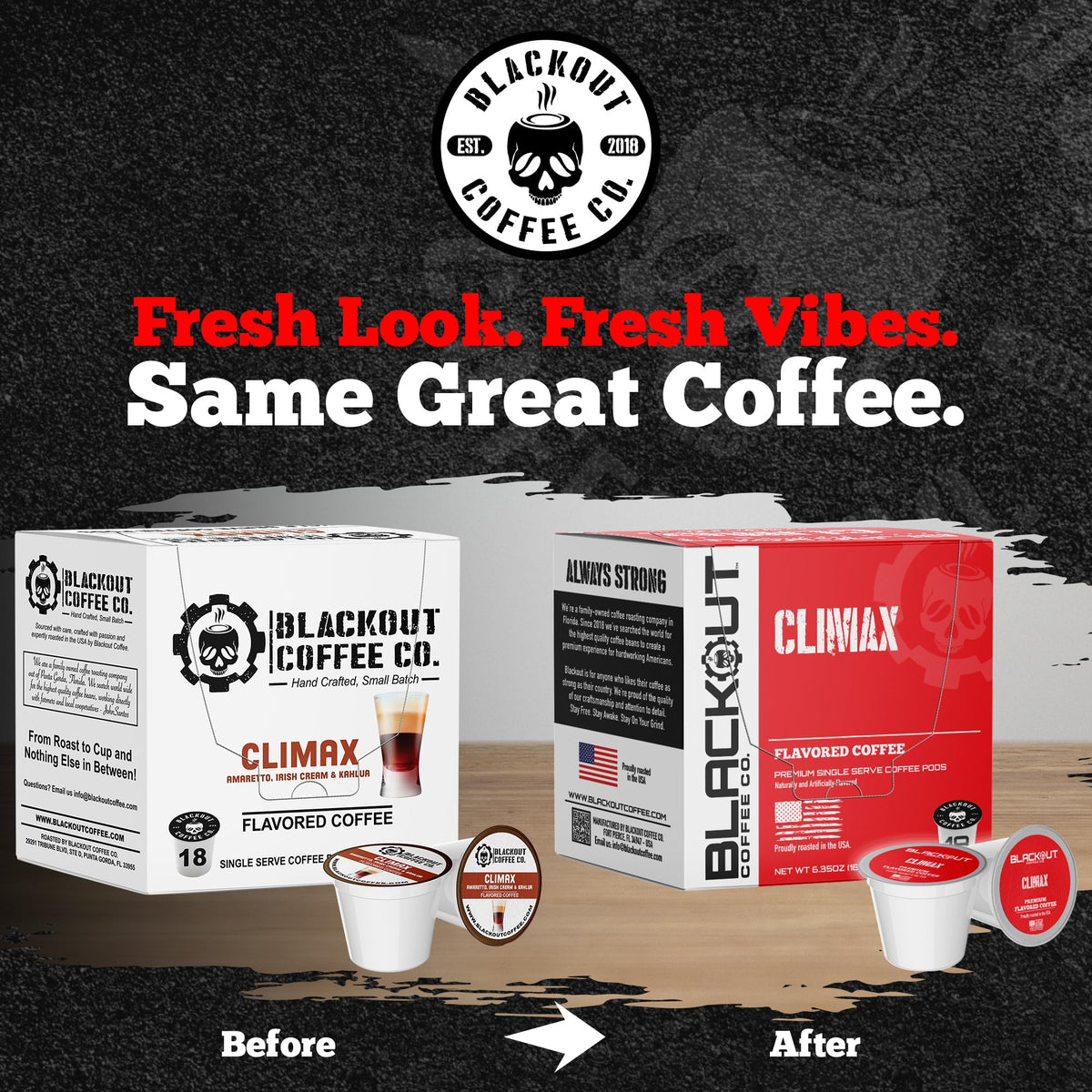 Blackout Coffee CLIMAX Amaretto, Irish Cream & Kahlua Pods – Premium Arabica, Smooth Flavor | 18 Count